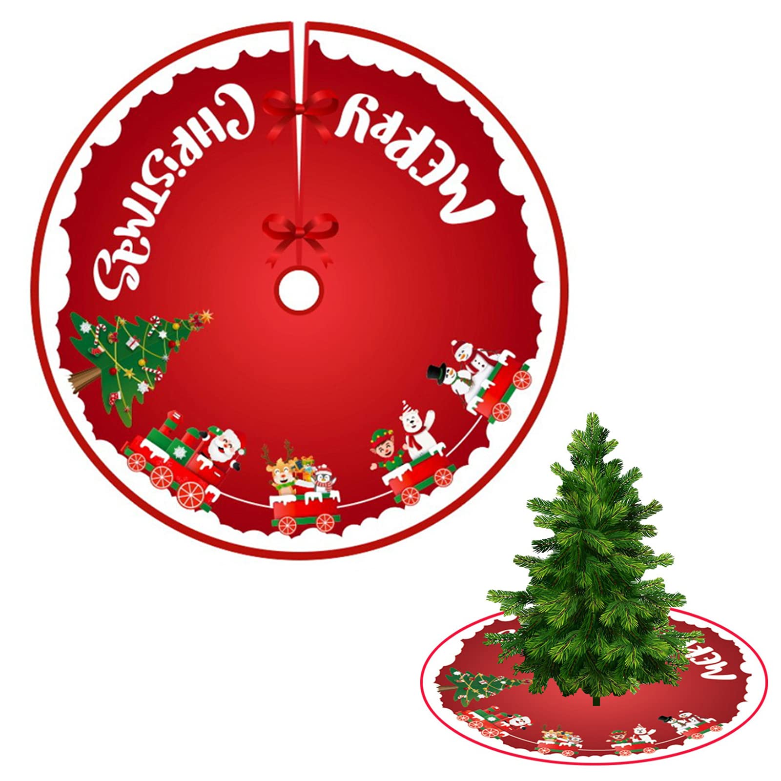 Boutihao Red And White 90Cm Red & White Christmas Tree Skirt With Snowflakes And Snowman, Xmas Tree Base Cover, Holiday Party Home Decoration