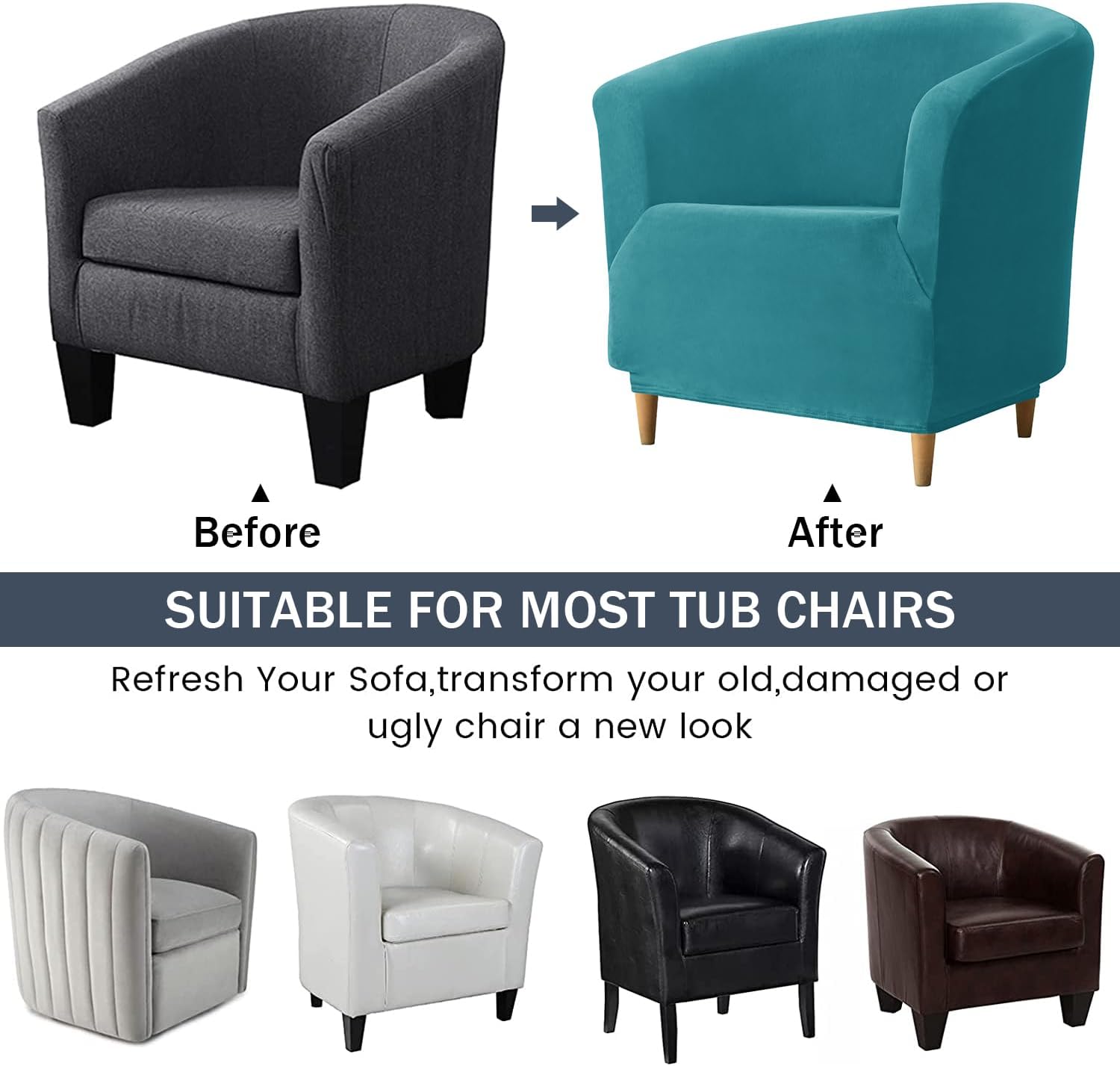 CONRUSER Velvet Club Chair Slipcover, Soft Stretch Tub Chair Cover Washable Thick Armchair Furniture Protector for Living Room (Turquoise Blue)