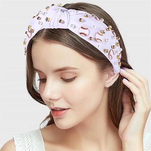 Miniatura 10 de Diadema de béisbol para mujer, accesorios de béisbol, diadema anudada con perlas de cristal, diadema adornada, diadema con nudo superior ancho,