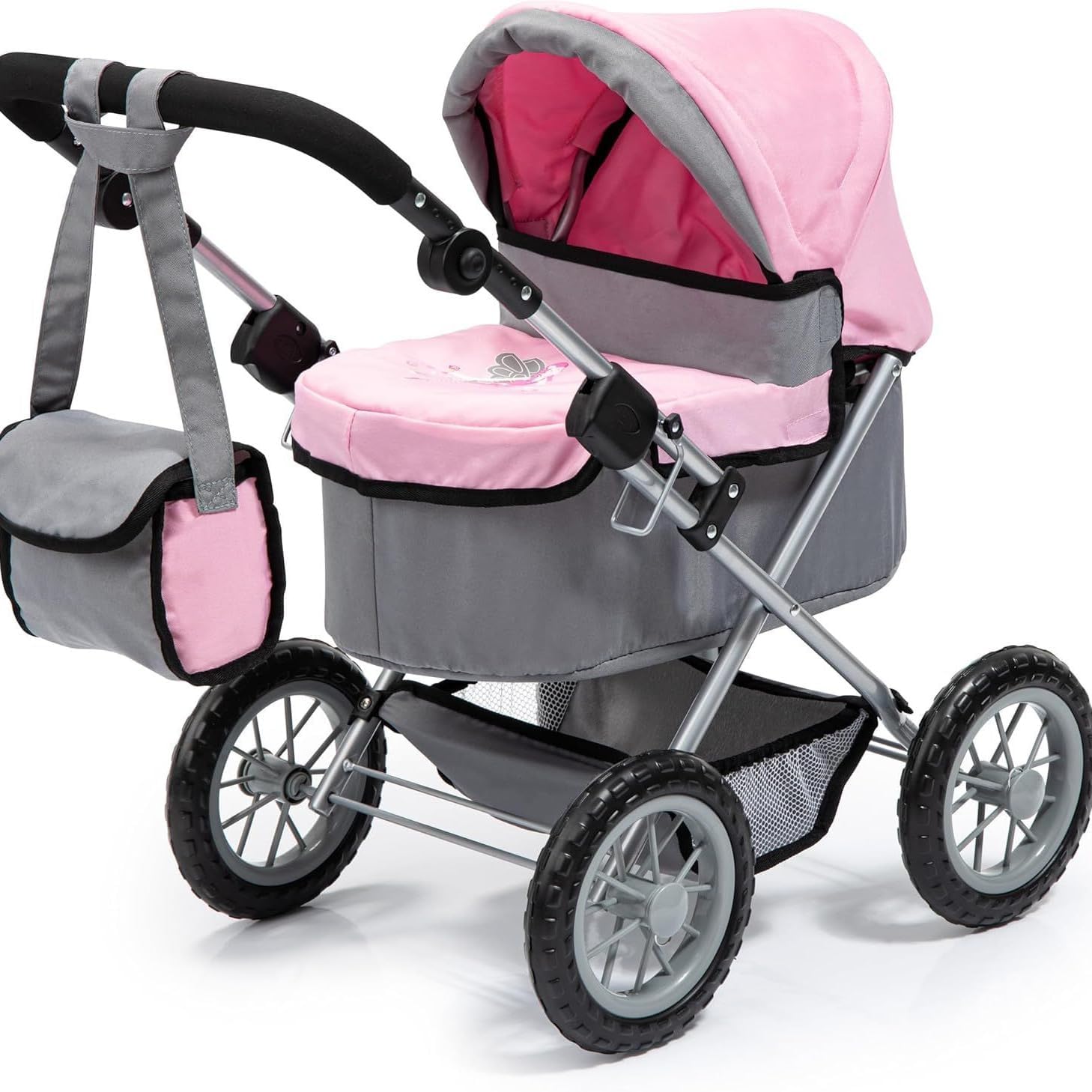 Baby Doll Stroller, Pink & Gray Foldable Doll Pram with Adjustable Hood & Handle, Lightweight Doll Buggy with Storage Basket & Shoulder Bag, Toy Stroller for Girls Age 3+, Fits Dolls Up to 22 Inches