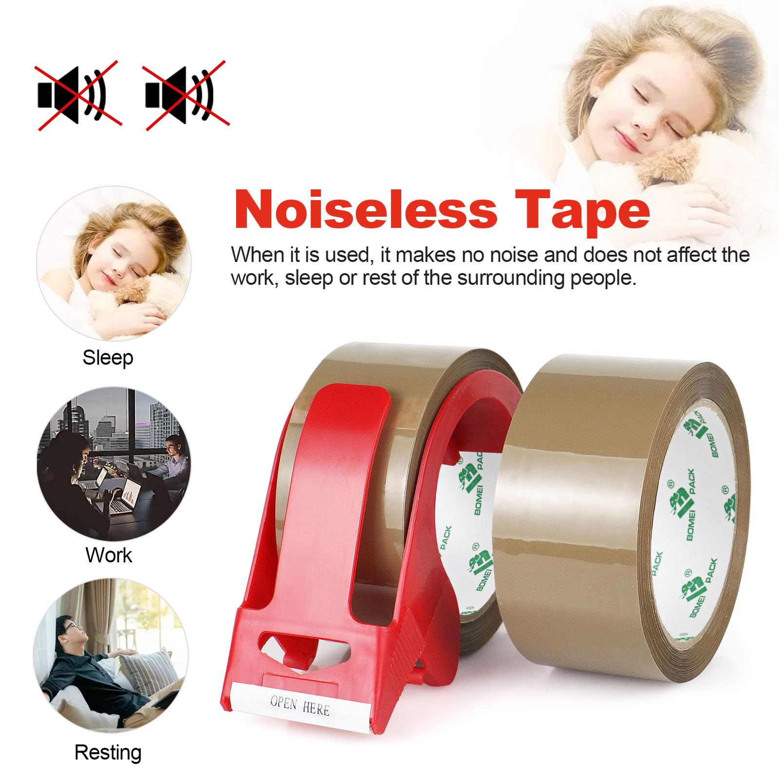 BOMEI PACK 2 Rolls Quiet Tape Brown Parcel Boxes Secure Sealing Tape No Noise Silent box Tape for Heavy Duty Moving Shipping Cartons Sealing Wrapping,60 mic x 48 mm x 66m noiseless box tape - Image 3