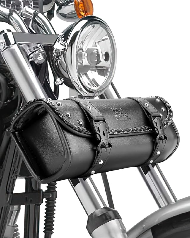 KEMIMOTO Bolsa para Tenedor de Herramientas para Motocicleta Cuero PU Universal | Alforja para manillar de horquilla delantera, bolsa de almacenamiento Sissybar, bolsa enrollable para motocicleta (hebilla clásica negra)
