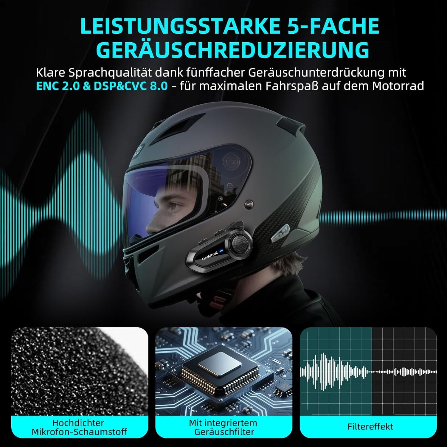R18 Motorrad Bluetooth Headset, Kommunikationssystem für bis zu 10 Motorräder mit Reichweite von 2000m,motorradhelm mit Bluetooth，intercom Motorrad mit HiFi/Musik Teilen/FM/AI Sprache（1pc）