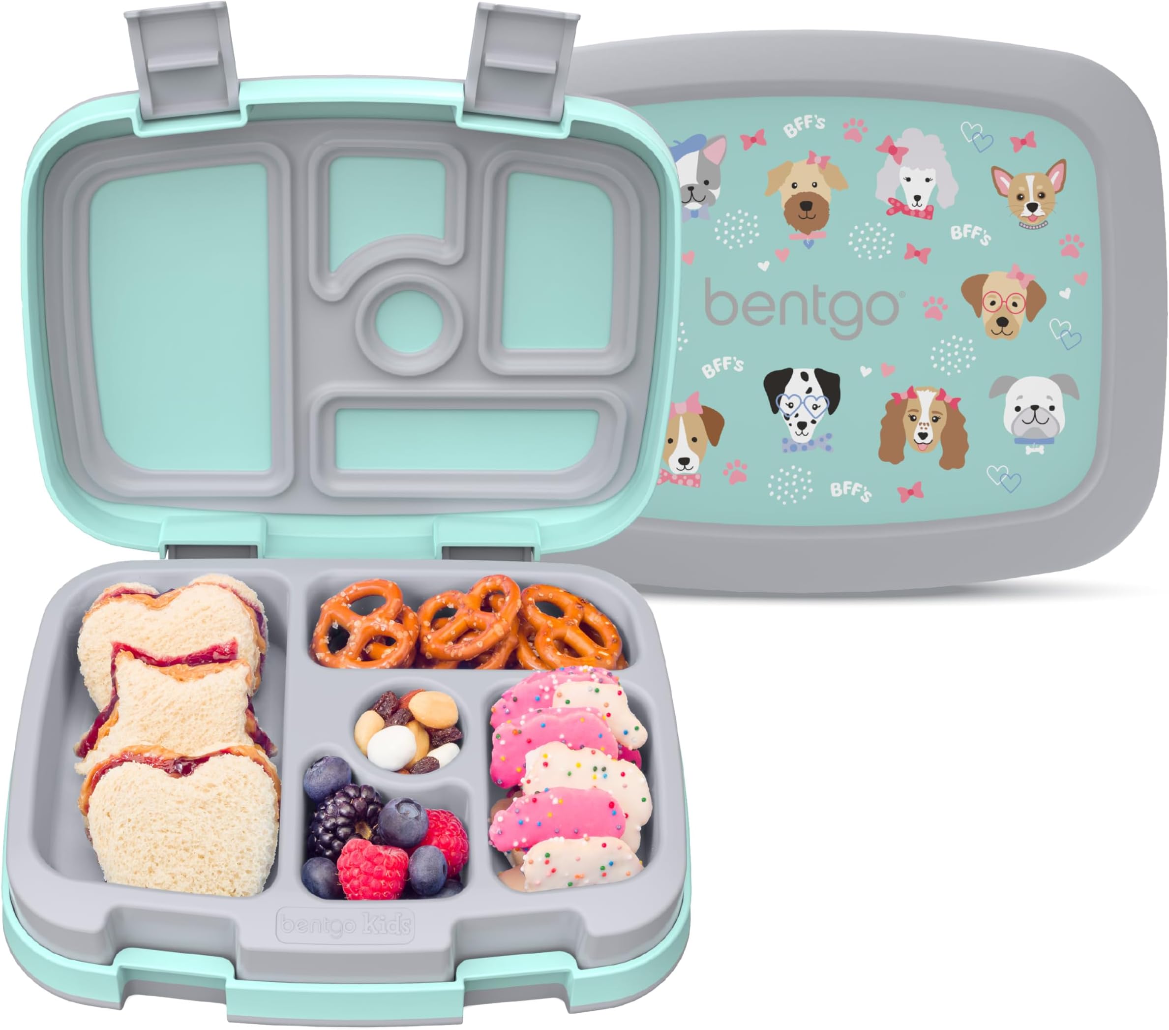 Bentgo Kids Prints Leak-Proof, 5-Compartment Bento-Style Kids Lunch Box - Ideal Portion Sizes for Ages 3-7, Durable, Drop-Proof, Dishwasher Safe, & PFAS & BPA-Free Materials (Puppy Love)