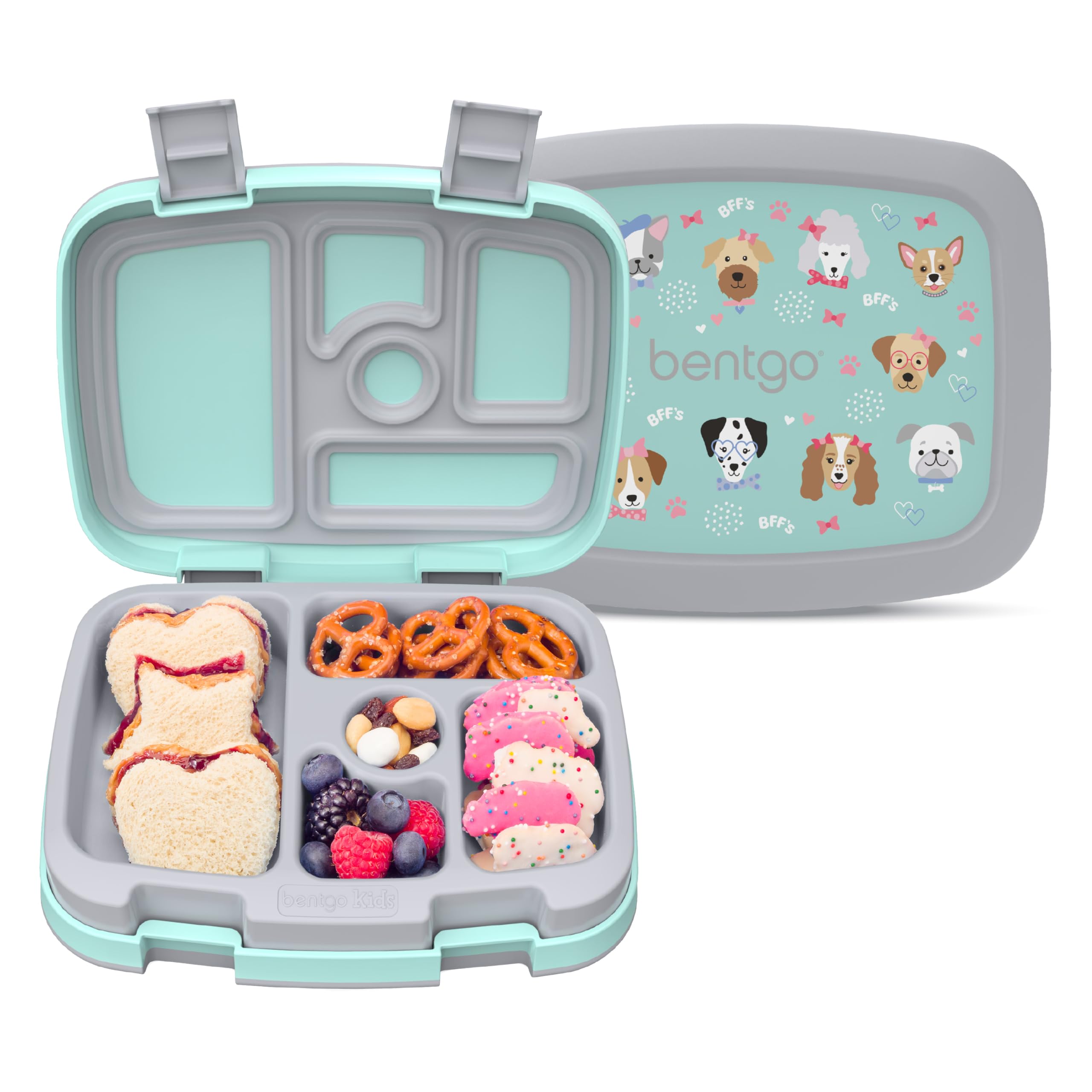 Bentgo Kids Prints Leak-Proof, 5-Compartment Bento-Style Kids Lunch Box - Ideal Portion Sizes for Ages 3-7, Durable, Drop-Proof, Dishwasher Safe, &amp; PFAS &amp; BPA-Free Materials (Puppy Love)