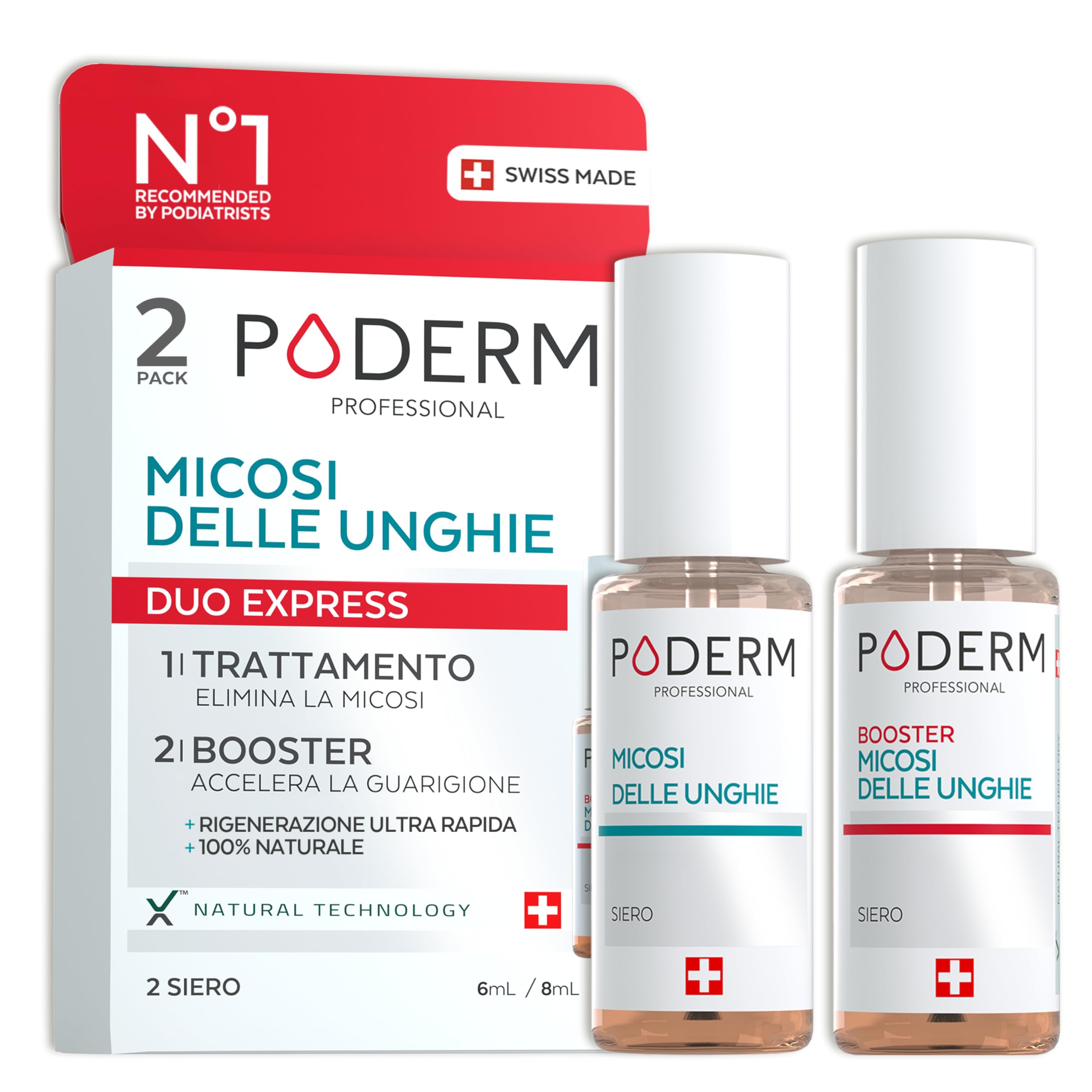 PODERM 2in1 Trattamento Micosi delle Unghie dei Piedi | Pack Duo - Siero & Booster | Trattamento Potente e Rapido per Unghie Gialle e Fragili | 100% Naturale - Sviluppato da una Podologa in Svizzera