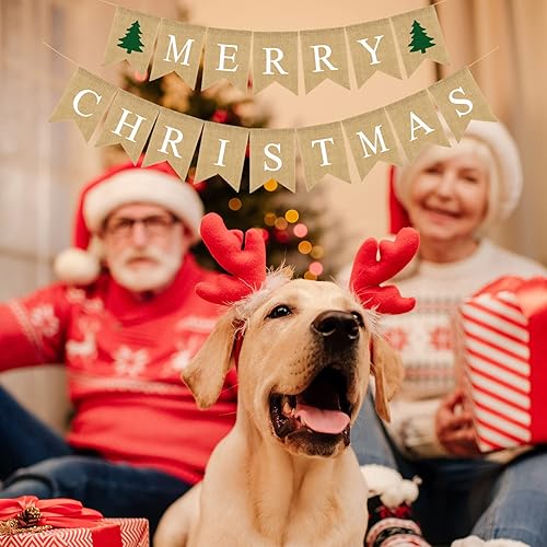 Miniatura 6 de Cartel de arpillera de Feliz Navidad, árbol de Navidad, rústico, vintage, guirnalda de banderines de Navidad para suministros de fiesta de Navidad,