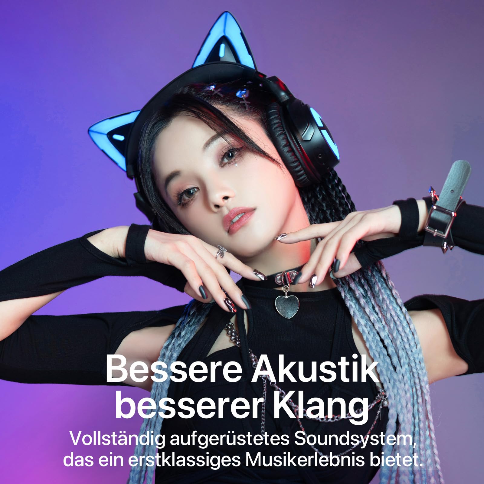 YOWU RGB Cat Ear Headphone 4, verbessertes kabelloses und kabelgebundenes Gaming-Headset mit ansteckbarem HD-Mikrofon – aktive Rauschunterdrückung, anpassbare Beleuchtung und Effekte per APP (Schwarz)