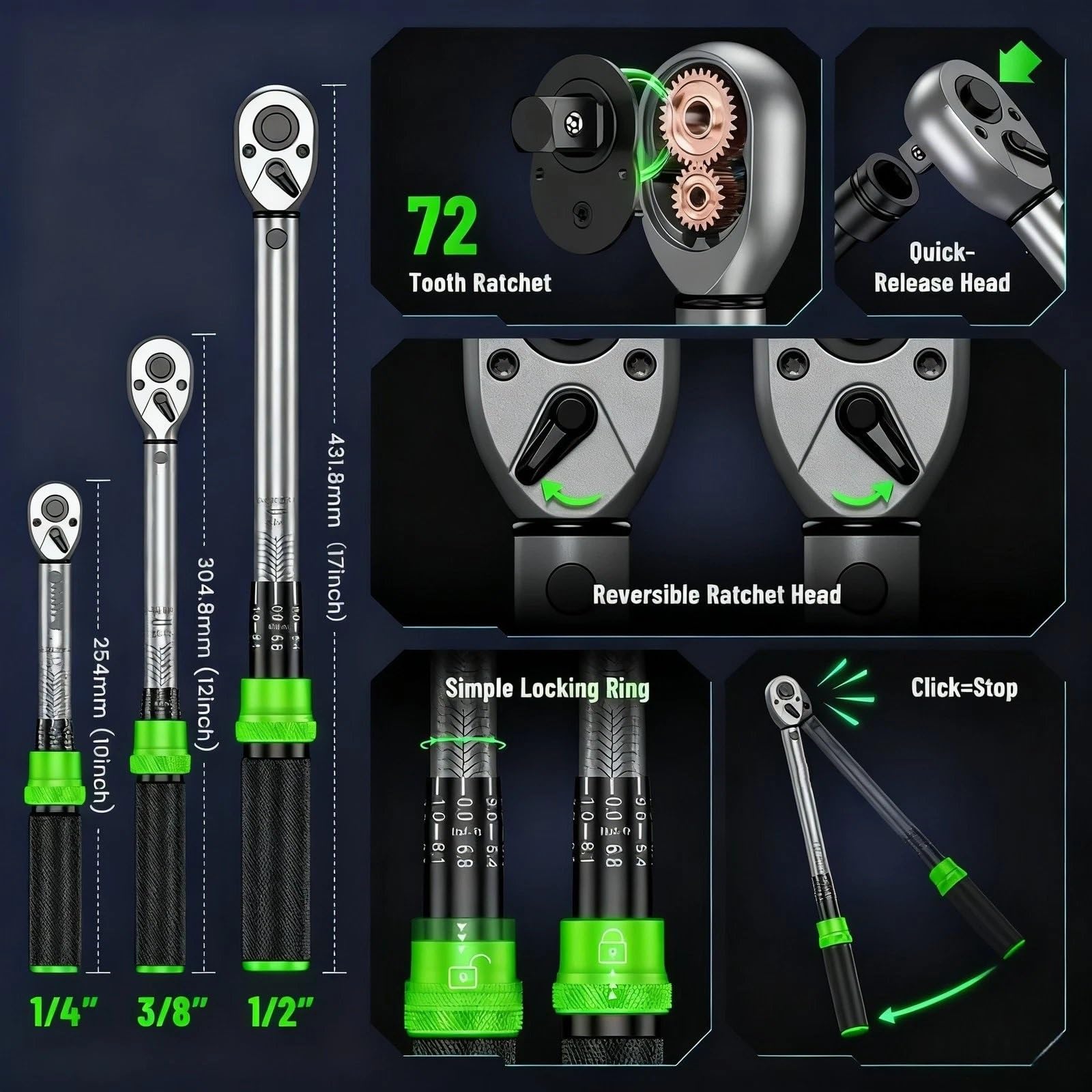Telescopic Ratchet 3 szt. Zestaw kluczy dynamometrycznych 1/4 i 3/8 1/2 cala 72 zęby Klucze zatrzaskowe z podwójną skalą do motocykla klucz dynamometryczny