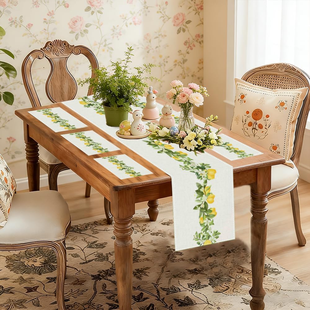 Lemon Table Runner Set with 6 Placemat, Boho Coastal Farmhouse Dining & Coffee Table Runner for Living Room, Rustic Yellow Spring Summer Decor