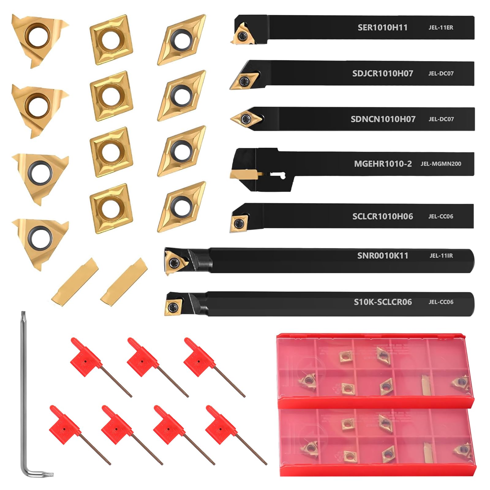 28 Utensili Tornio, Utensili per Tornitura con Gambo 8 mm, con 7 Barre di Alesatura, 14 Inserti in Metallo, per Tornitura Esterna, Scanalatura e Alesatura Interna su Minitornio, Tornio per Metalli