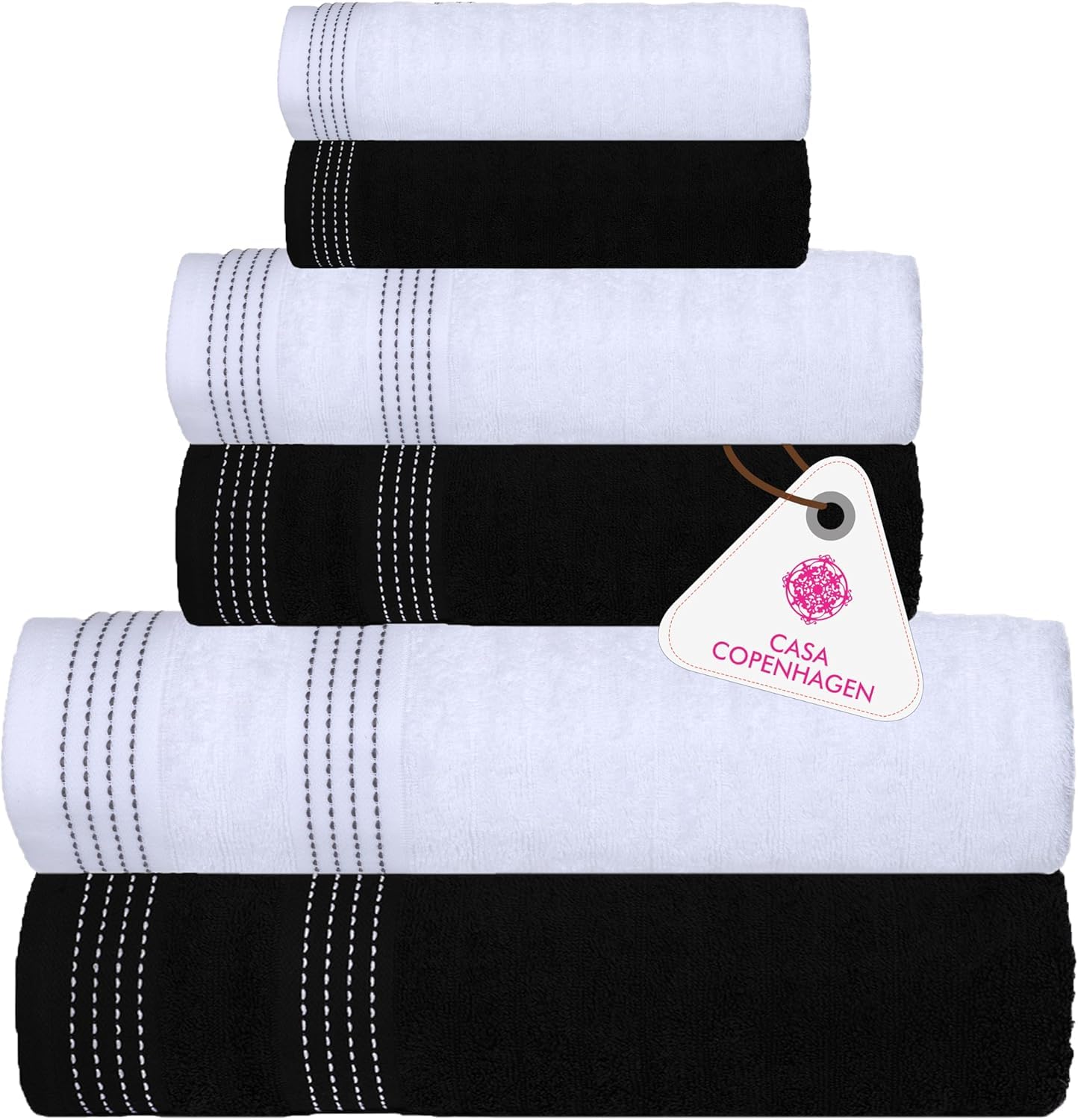 Casa Copenhagen Elegance Ensemble de serviettes 6 pièces, noir + blanc, 550 g/m², 2 serviettes de bain, 2 essuie-mains, 2 débarbouillettes en coton égyptien doux pour salle de bain, cuisine et douche.