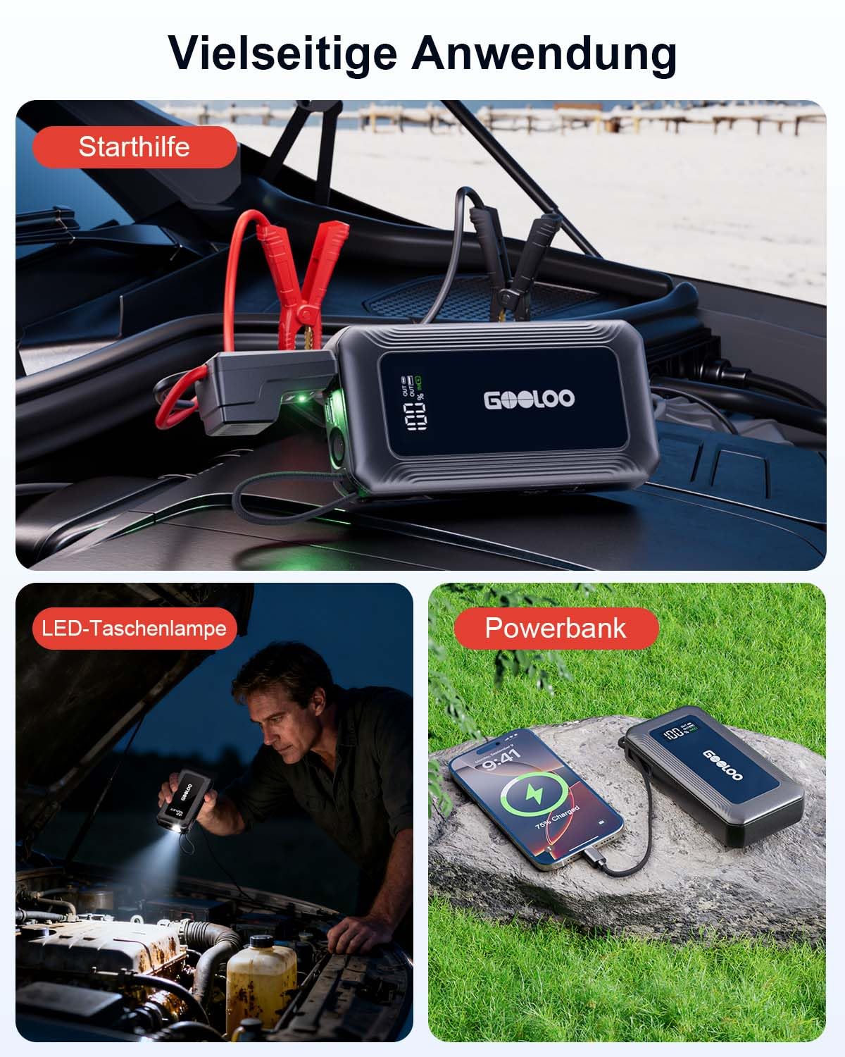 GOOLOO G7 Starthilfe Powerbank für pkw, 3000A Tragbare Starter Powerbank mit 45W USB-C Schnellladung & LED-Taschenlampe, Booster Auto Starthilfe für 12V (Bis zu 8.5L Benzin/6L Diesel)