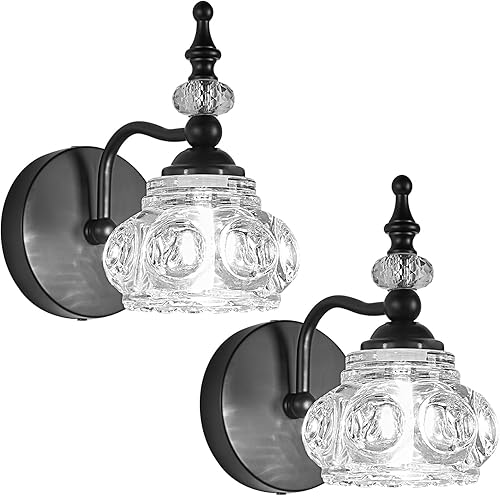 Paquete de 2 apliques de pared negros para tocador de baño, lámpara de pared negra con pantalla de vidrio, resistente al óxido y duradera, lámpara