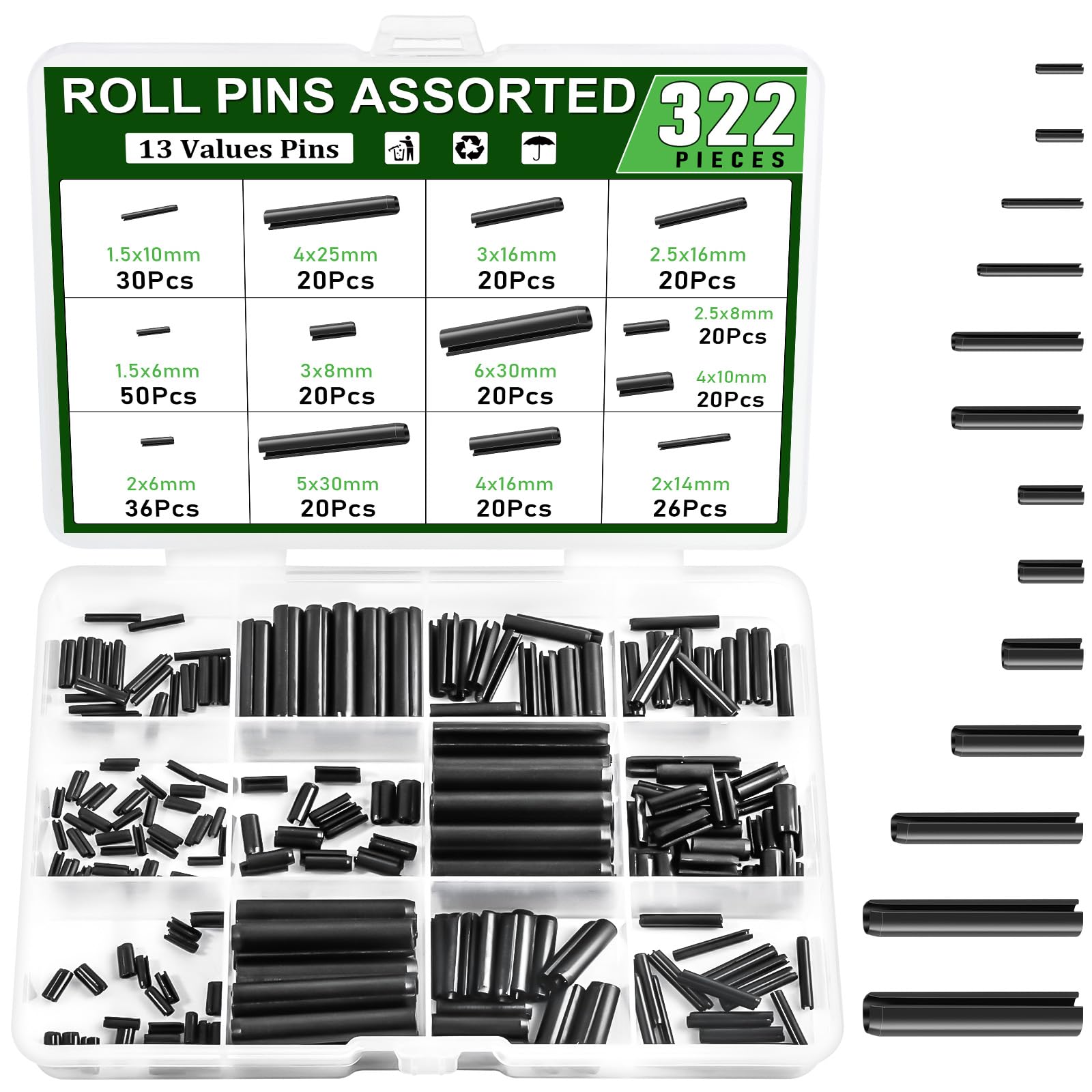 322pcs Roll Pins Assorted,Black Slotted Hollow Metal Split Dowel Tension Spring Pin for Home Machine Fastener