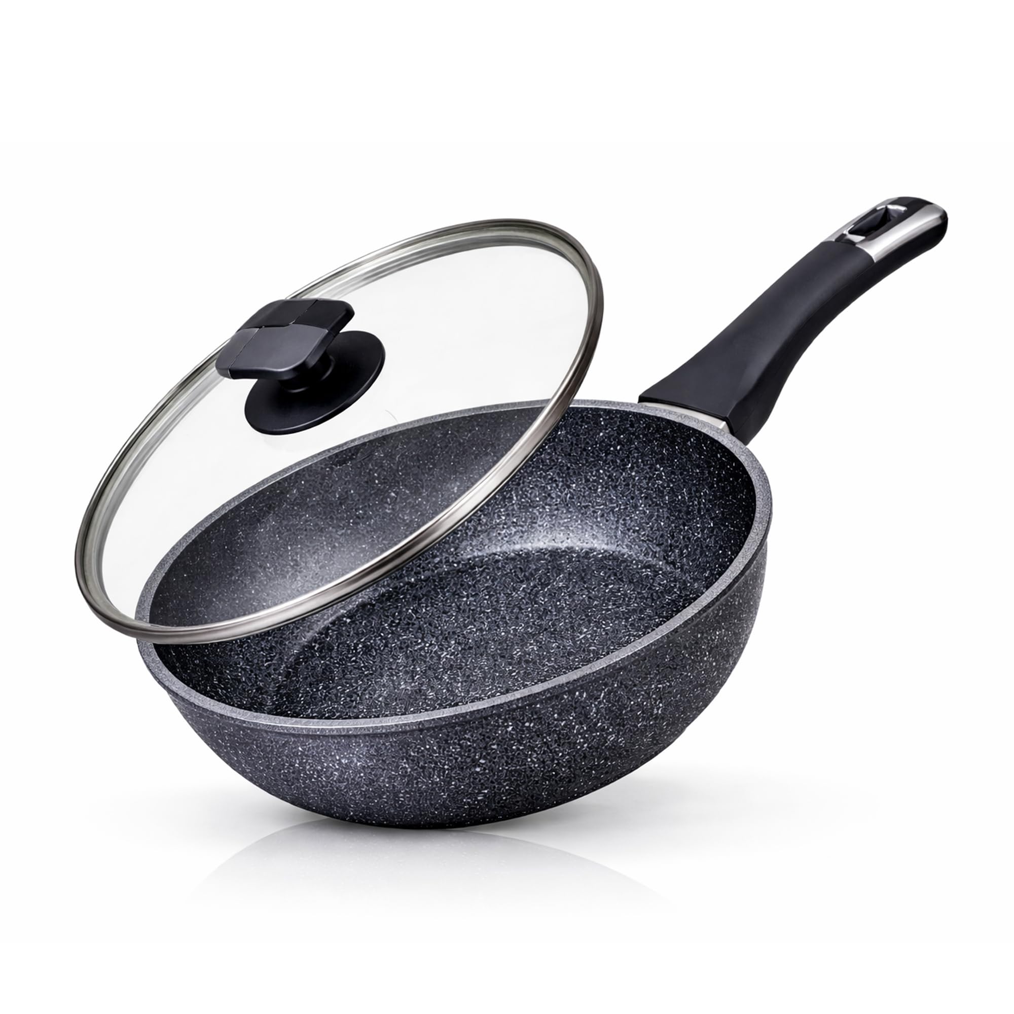 HOUSZY Granite Deep Frying Pan with Lid 24cm – Non Stick, Non Toxic, Induction-Ready, Pan with Tempered Glass Lid & Heat-Resistant Handle for Everyday Cooking
