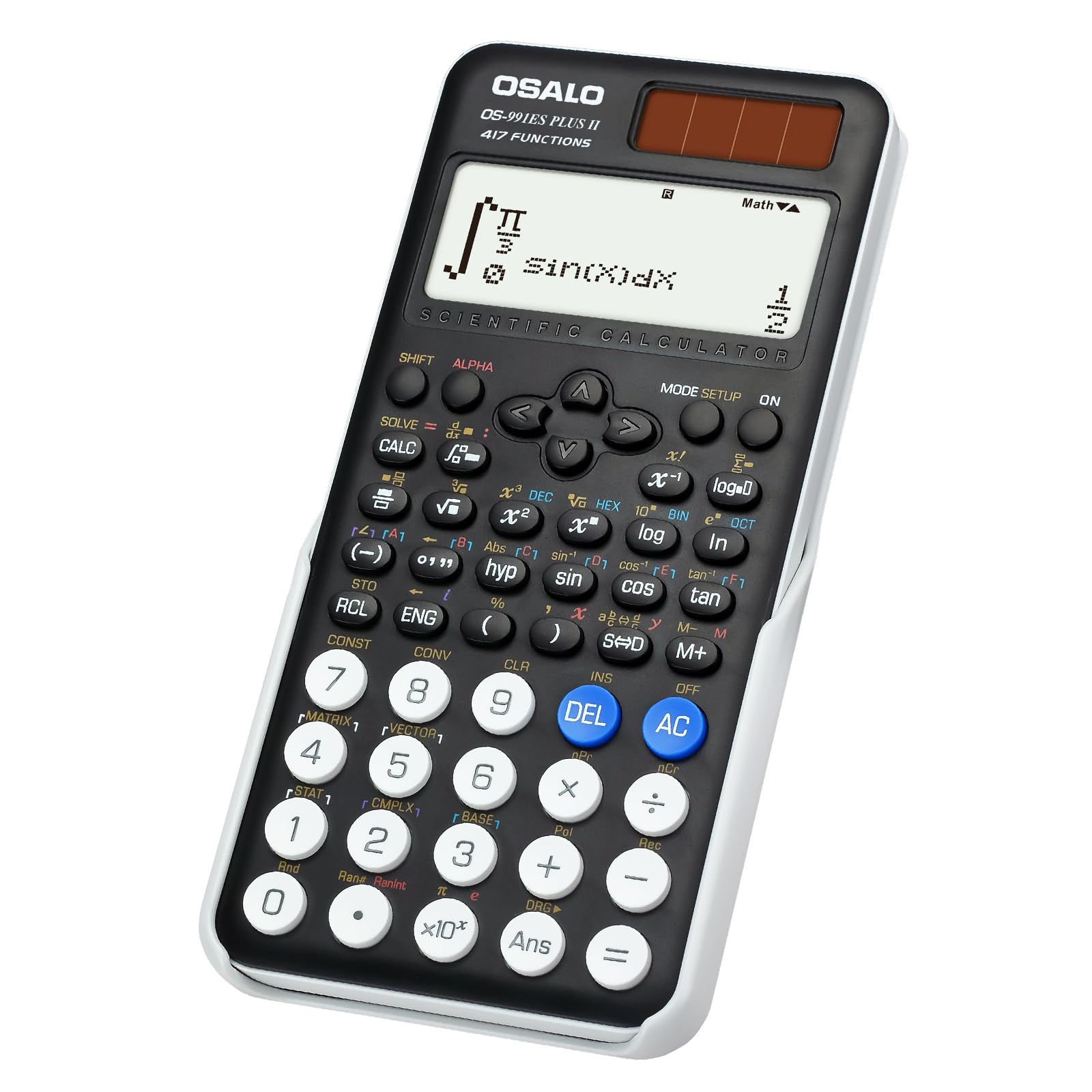OSALO Calculatrice Scientifique, 417, Fonction 10 + 2 Chiffres, Affichage écrit, Calculatrice Solaire et Batterie, étui de Protection pour l'école, Noir (OS 991ES Plus 2ème édition)