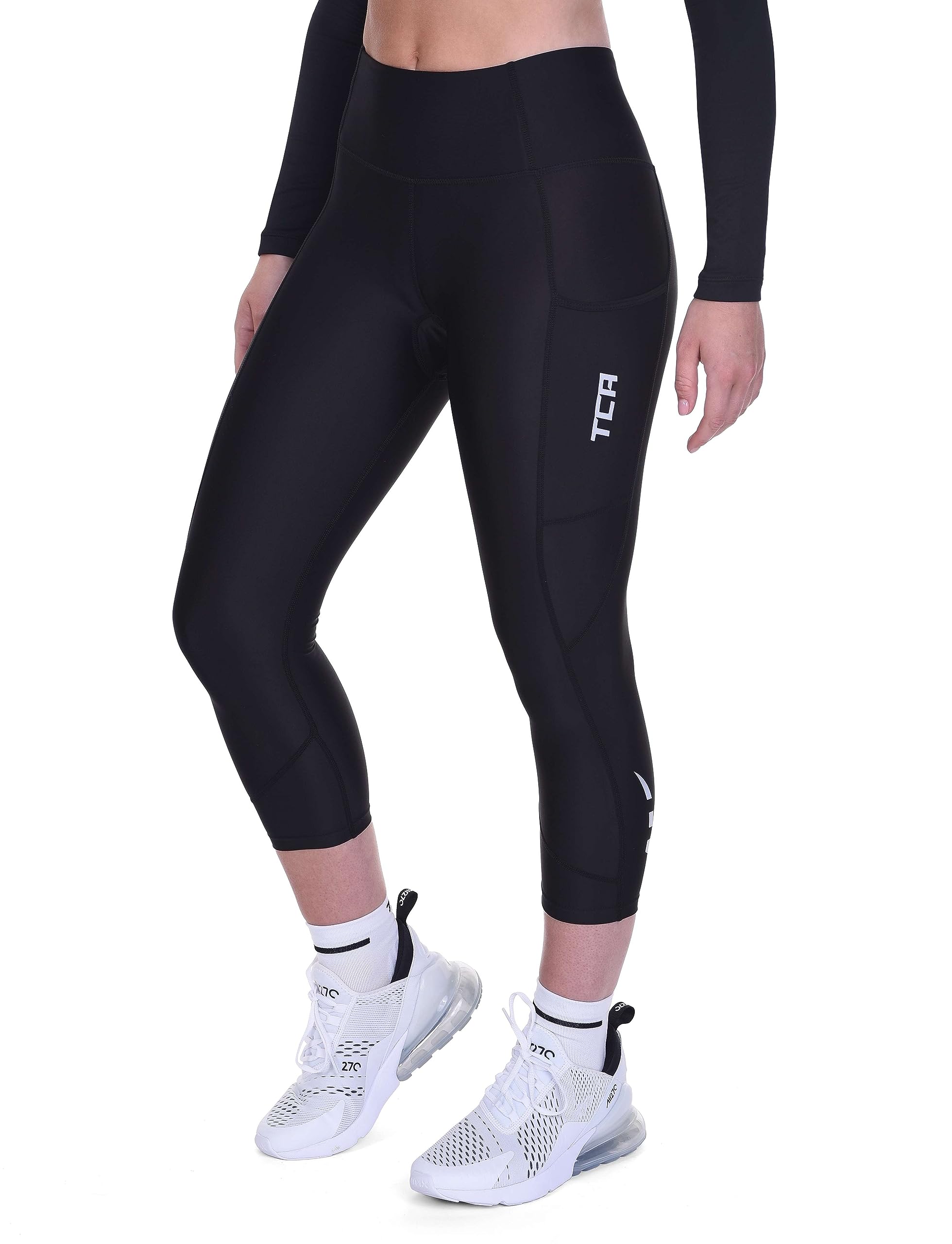Damen 3/4 Gepolsterte Radleggings mit hoher Taille, atmungsaktive Fahrradshorts mit Taschen, rutschfest und schnelltrocknend