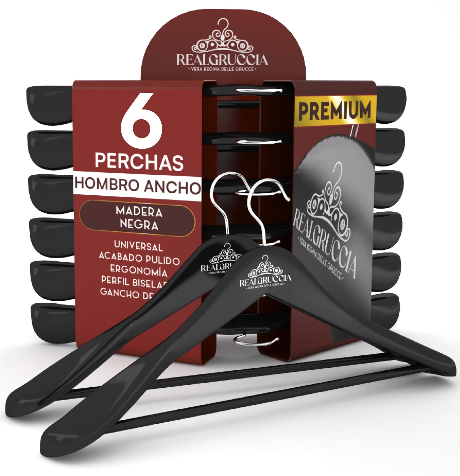 6 Perchas de Madera Negras con Hombros Anchos para Ropa Abrigos Trajes 24x45cm RealGruccia - Gancho Giratorio 360° y Barra para Pantalones - Acabado Brillante y Perfil Biselado
