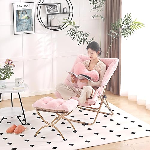 Miniatura 8 de Cómoda silla platillo con otomana, silla plegable de piel sintética de gran tamaño, silla suave y peluda con marco de metal, silla de luna para
