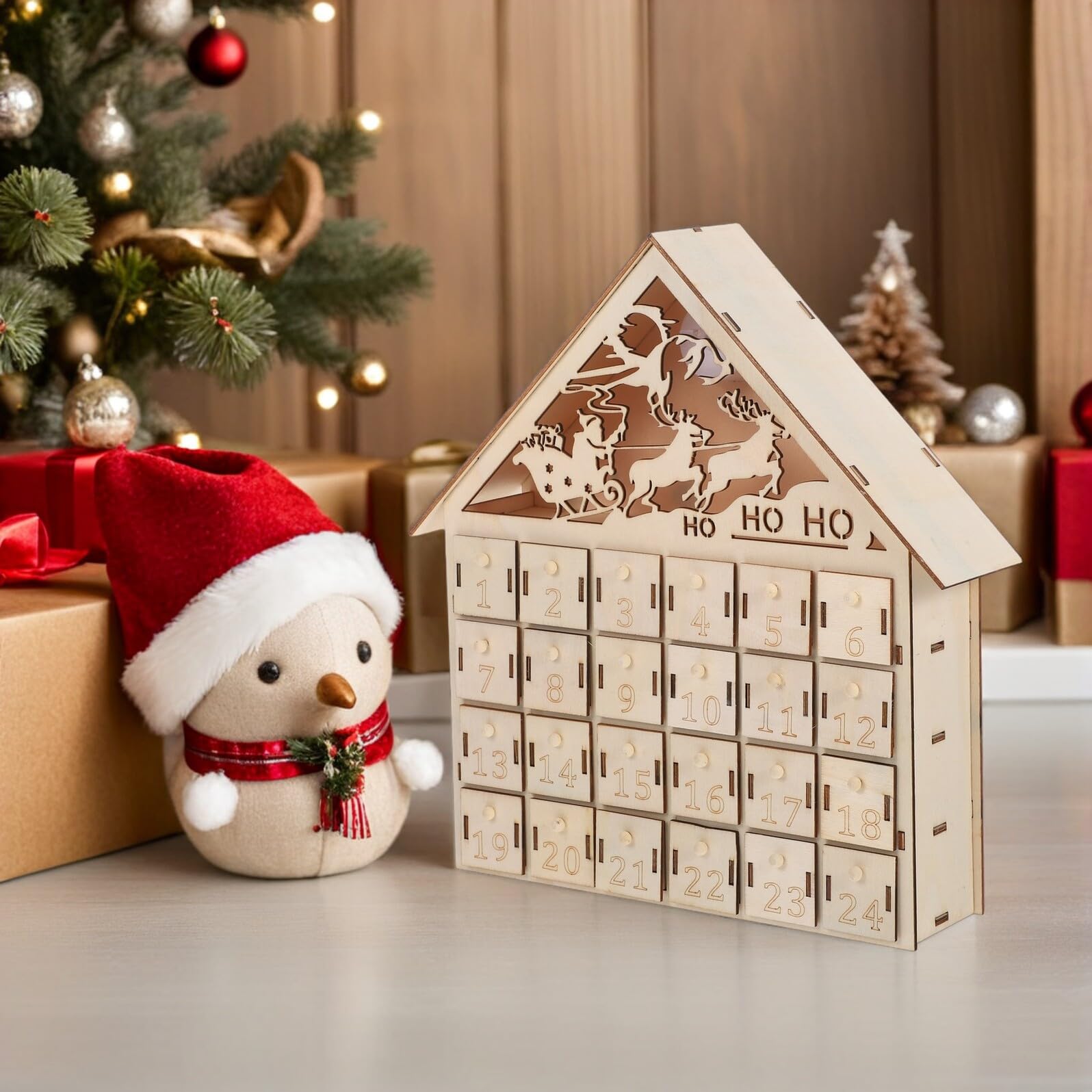 DIY Adventskalender Schublade Hölzerner Weihnachtskalender Hölzerne Adventsboxen Weihnachtssüßigkeitenboxen Beleuchteter Adventskalender Beleuchtetes Holzhaus Beige