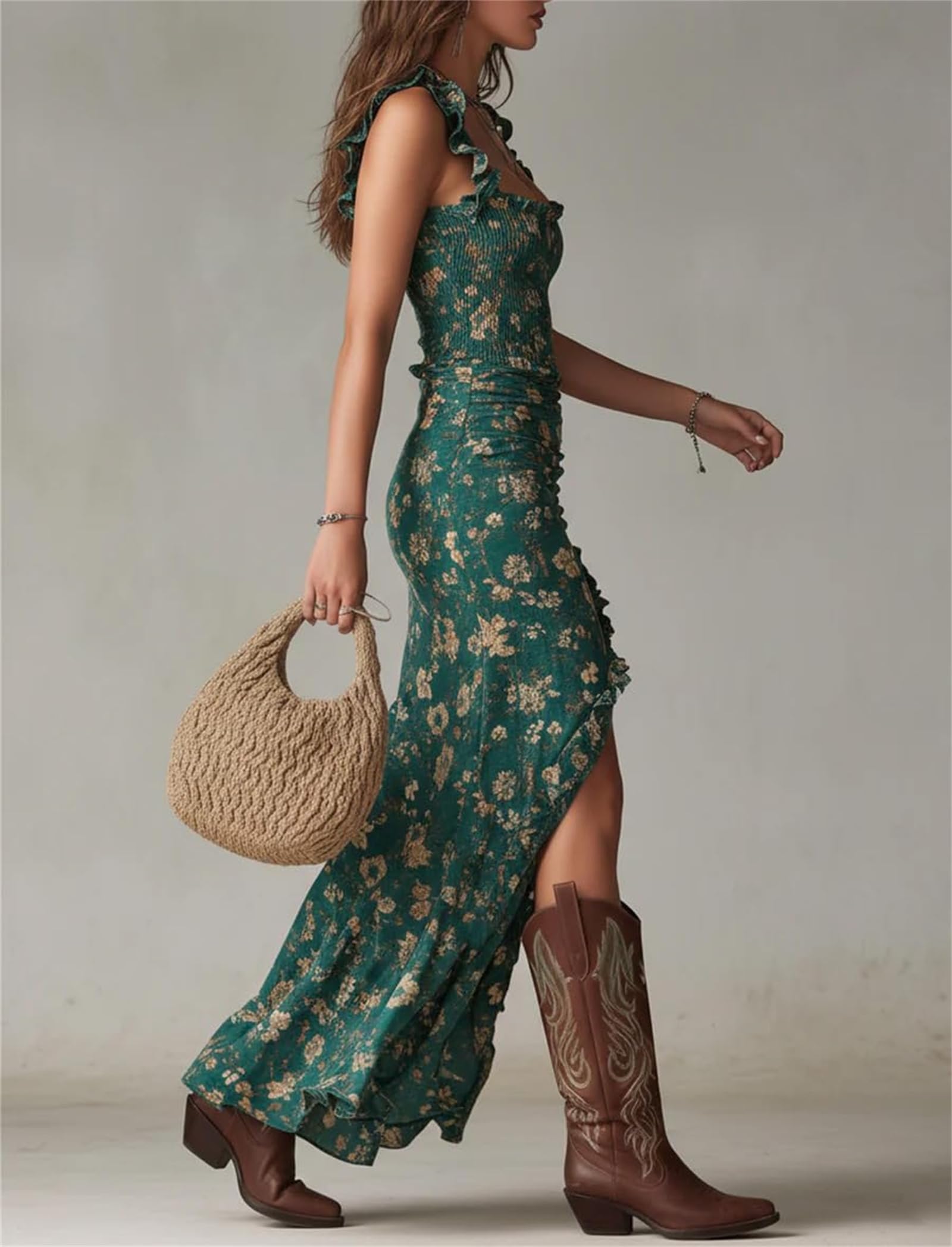 Maxi abito da donna Boho floreale con punto smock cinturino increspato vacanza prendisole