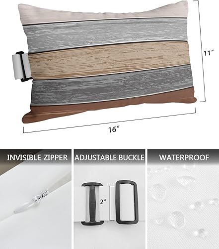 Miniatura 3 de Paquete de 2 fundas de almohada lumbar de madera rústica de granero degradado de café molido degradado, juego de fundas de almohada para exteriores,