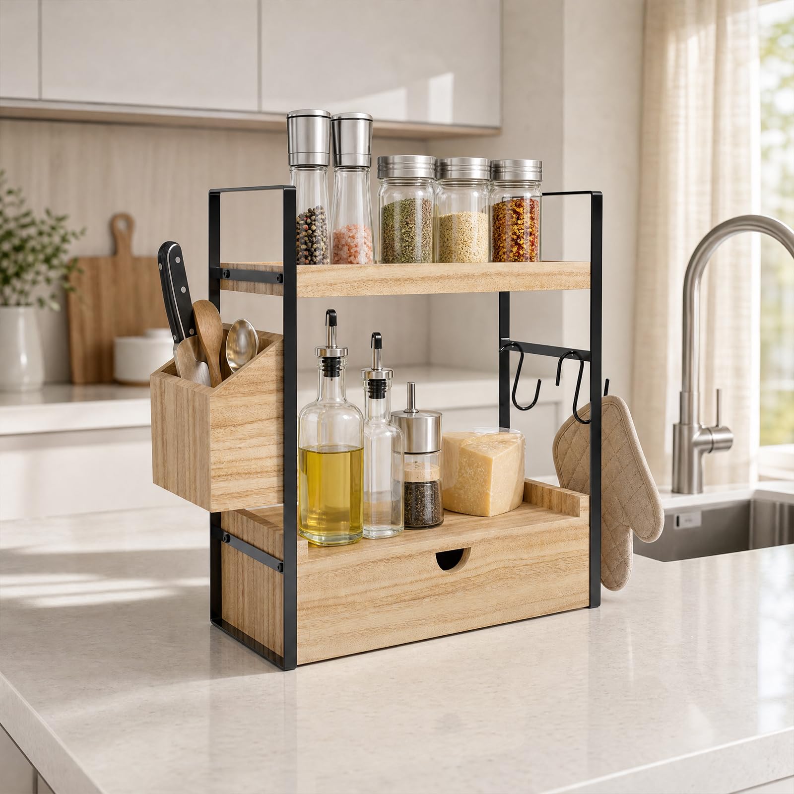 Organizer da bagno con cassetto e cesto, scaffale da bagno a 2 livelli in legno per lavabo, toeletta e cucina, scaffale da tavolo impermeabile con ganci, stabile struttura in metallo, 33 x 17