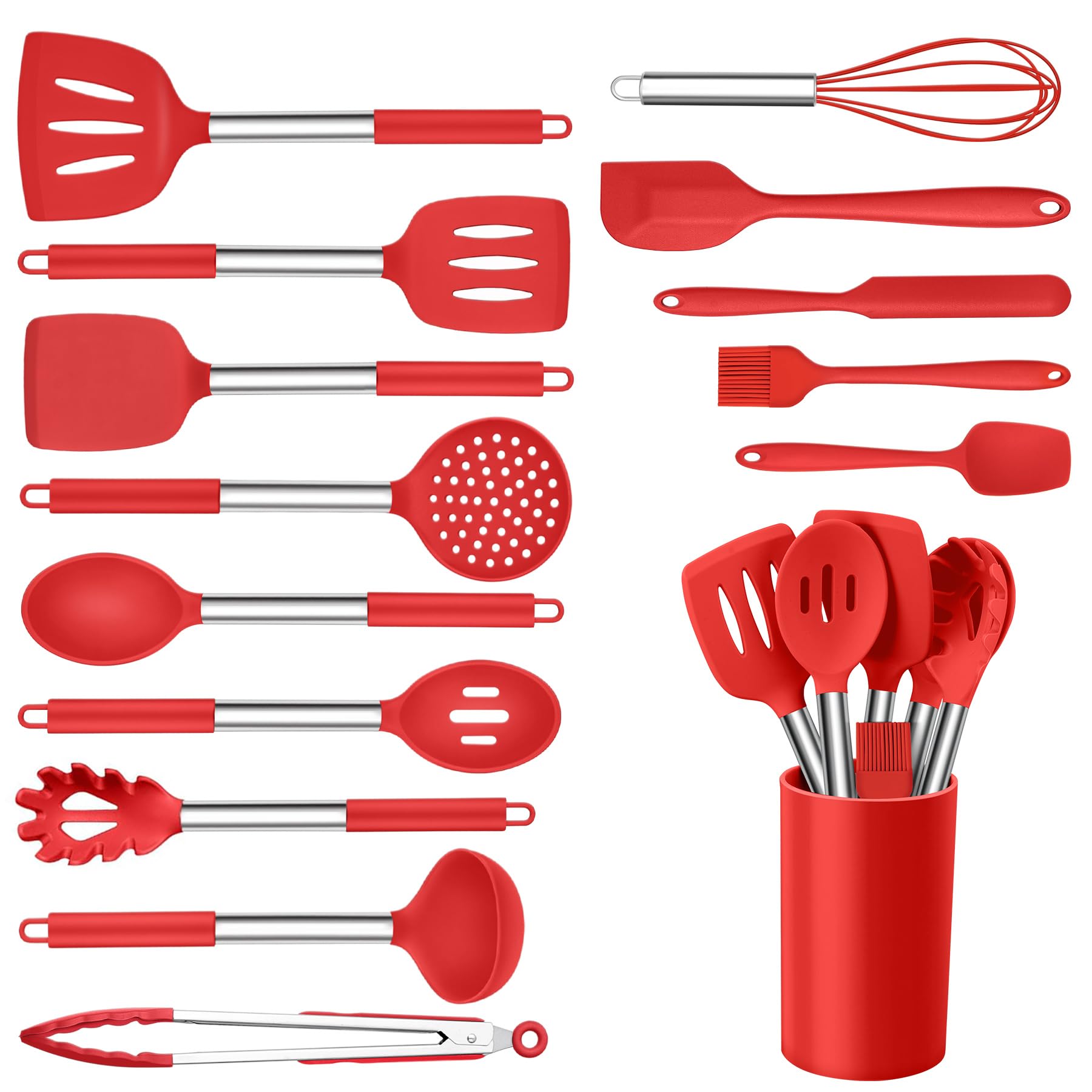 Onader 15 Pcs Silicone Cooking Utensils Set, Red Kitchen Utensils Spatula Set with Holder, Large Kitchen Gadgets Tools for Nonstick Cookware