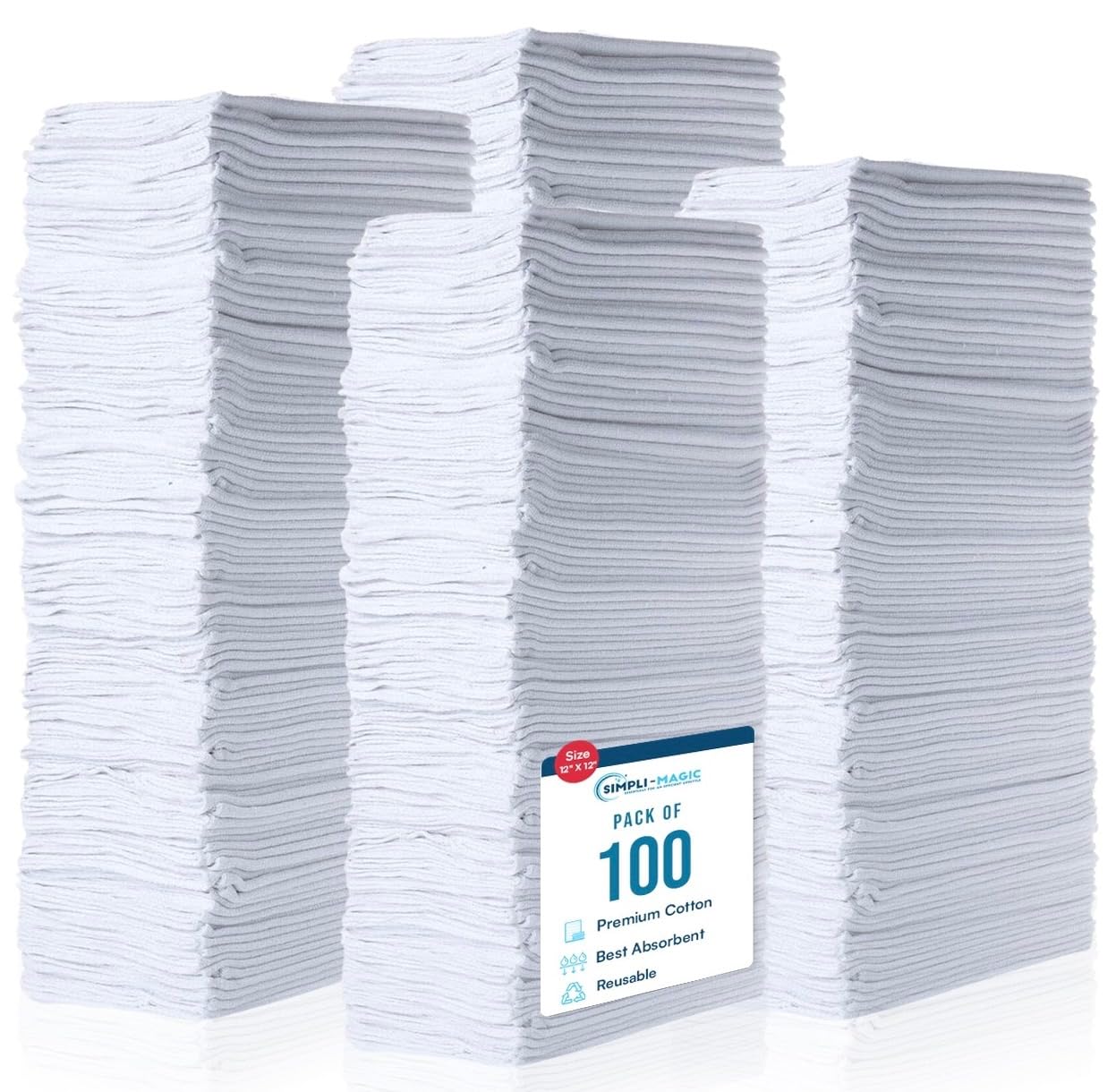Simpli-Magic Cotton Shop Towels 14"x12" (100 Pack) – Reusable Cleaning Shop Rags for Automobiles, Industries, Garage and Homes (White)