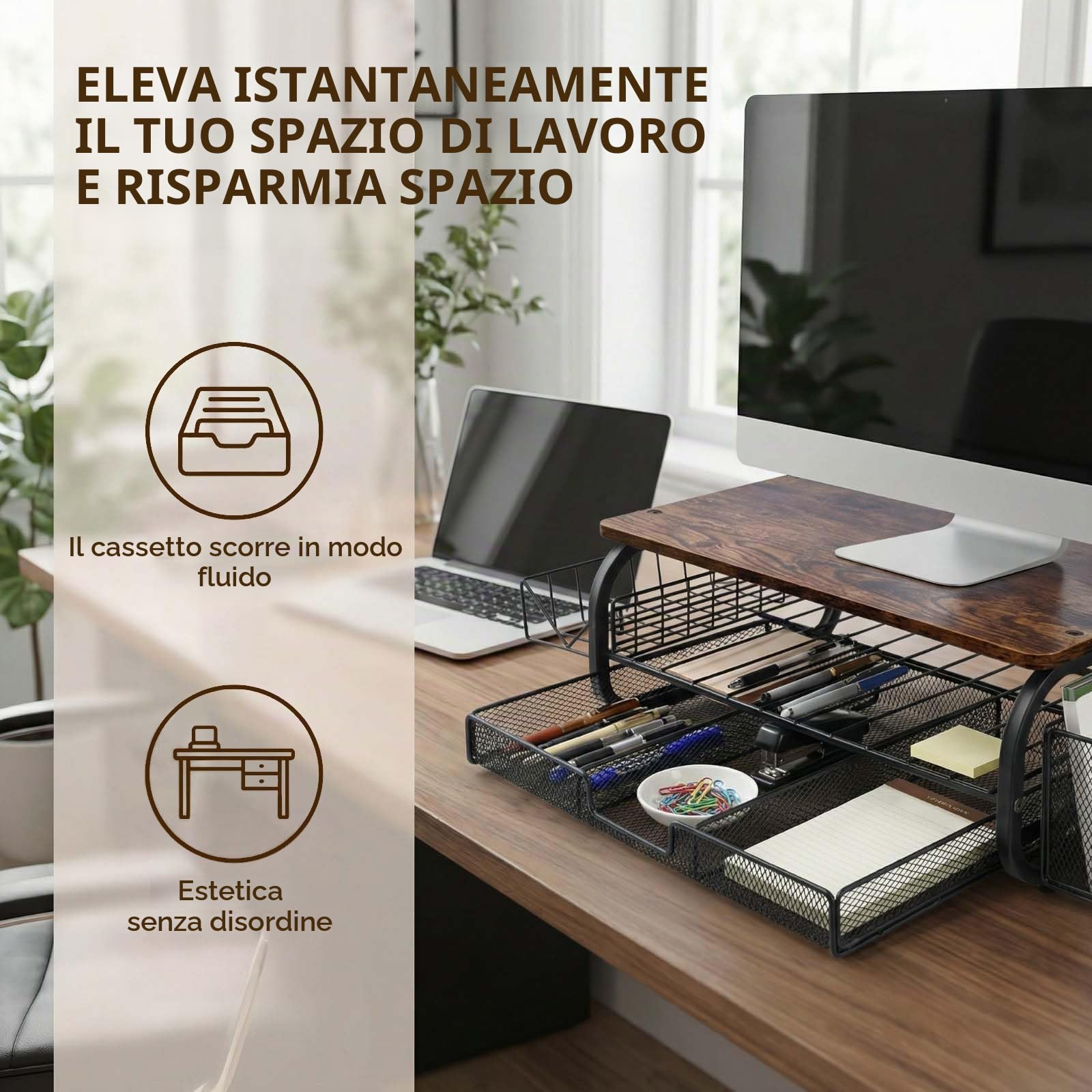 Supporto per Monitor da Scrivania, Supporto per Monitor con Cassetto, Rialzo per Schermo PC, Mensola da Scrivania Supportos, Organizzatore di Archiviazione Desktop per Casa o Ufficio