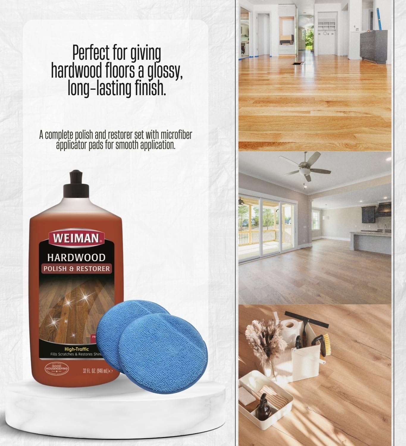 3x Weiman High Traffic High Gloss Hardwood Floor Polish & Restorer Liquid 32 oz Bundle with Microfiber Applicator Pads – Wood Floor Cleaner and Polish for Scratch Repair and Shine – Gift Set (4 Items)