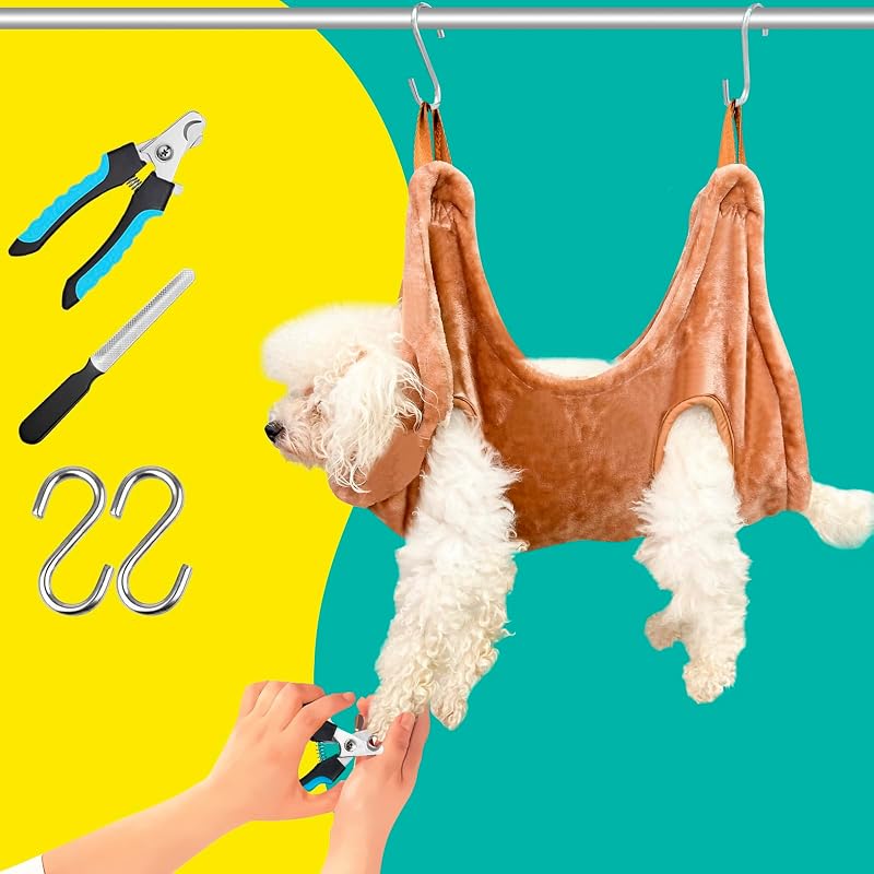 Dog Grooming Kit, Dog Grooming Supplies, Dog Grooming Hammock, Dog Grooming Harness, Dog Nail Clippers, Dog Nail Grinder, Hooks, Dog Hammock Kit for Nail Trimming/Hair Trimming(Coffee, S)