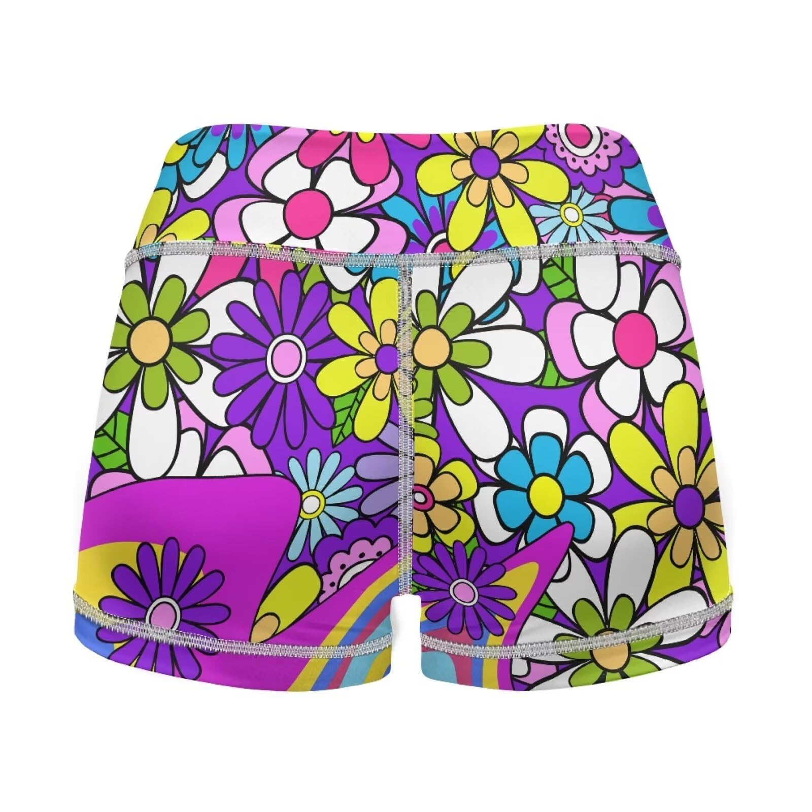 Sprowallow Purple Hippie Flower Womens Workout Shorts with Pocket High Waisted Athletic Shorts Yoga Running Gym Short Pants