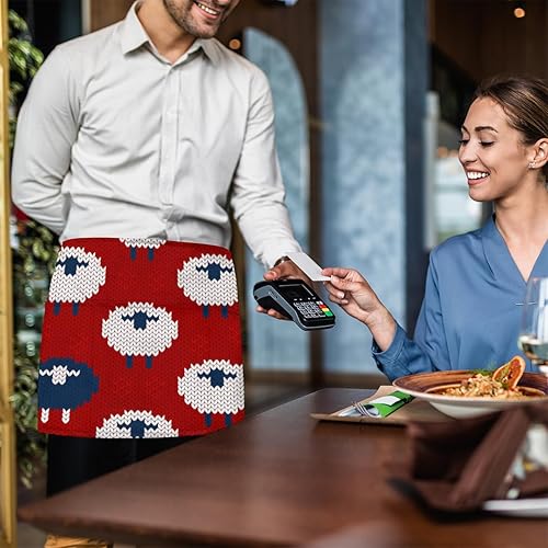 Miniatura 3 de Paquete de 3 delantales de cintura de oveja con textura de punto, con 3 bolsillos, delantal corto para camarera para hombres y mujeres, para