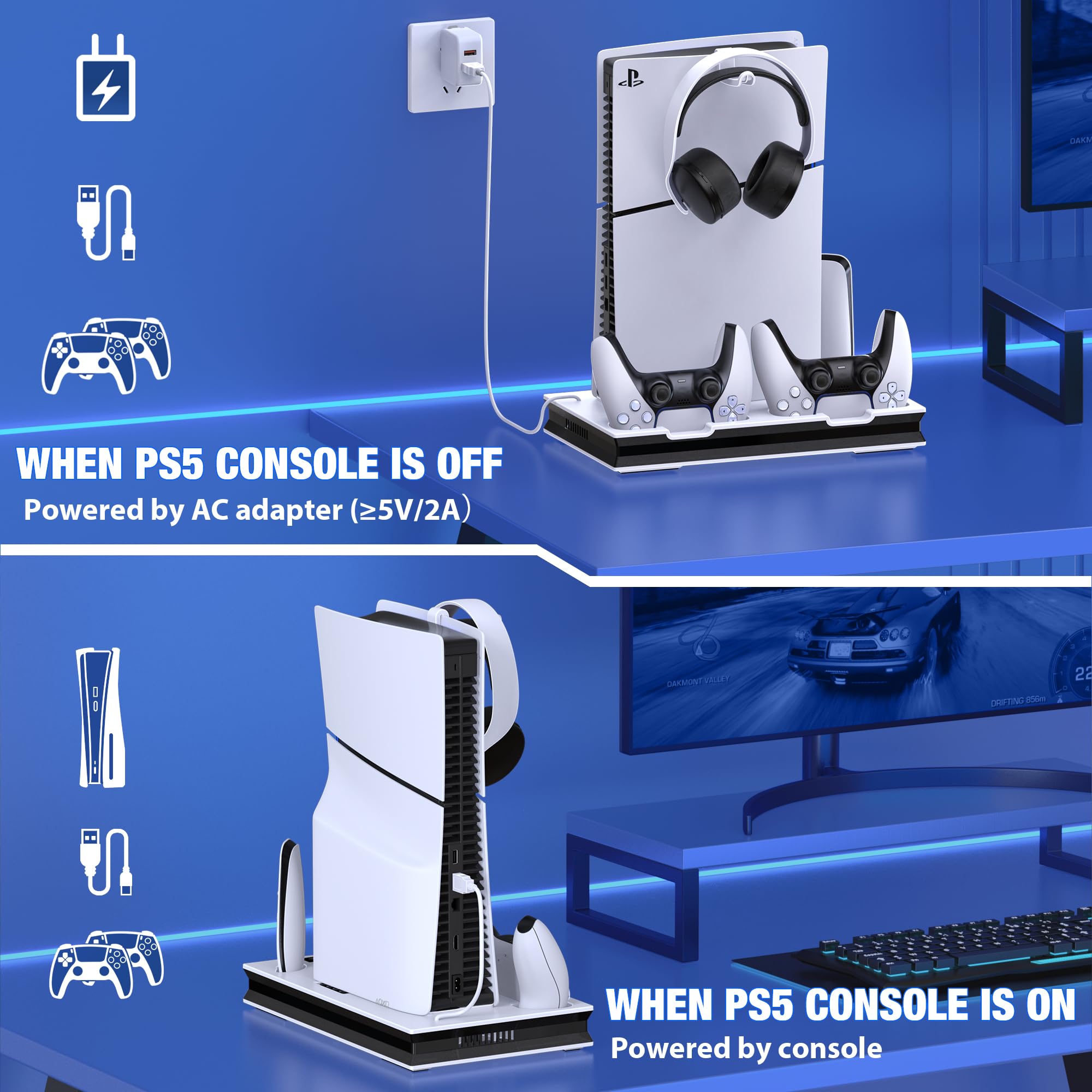 GAMSINGY Soporte para PS5 con ventilador, soporte para PS5/Slim/Pro Disc/Digital Edition, soporte para auriculares/controlador PS5 estación de carga/mando a distancia Solt/3 USB Hub