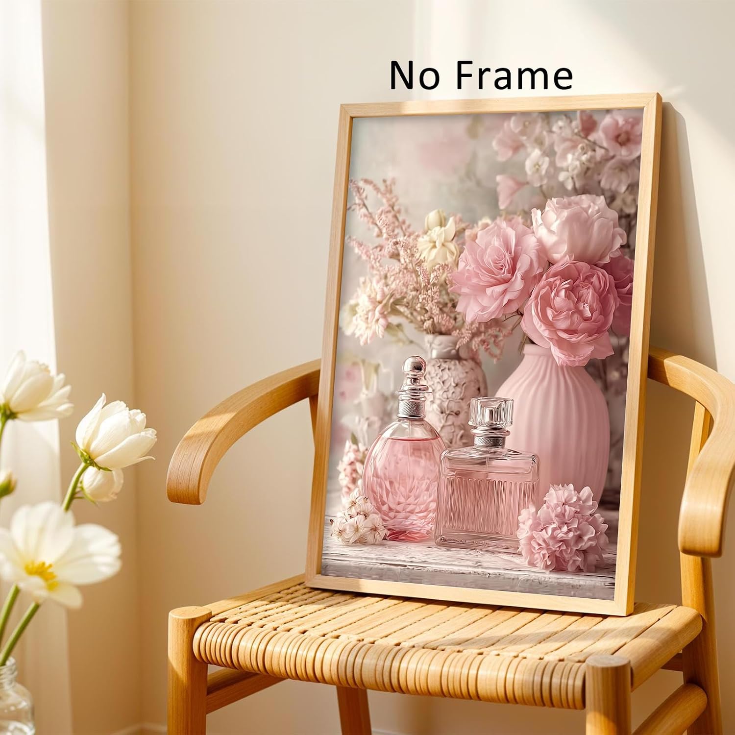 Pink Flower Pictures Perfume Bottle Canvas Wall Art Fashion Artwork Floral Rose Painting Pink Botanical Prints Vintage Perfume Picture Aesthetic Girly Wall Art Pastel Floral Posters 16x24in No Frame