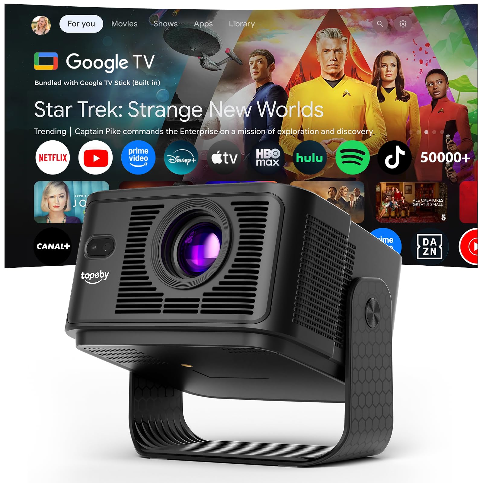 Proyector [Google TV 50000+ Apps & 4K 8K Support 1080P Native Res & Corrección Automática de Pantalla] 700 ANSI HDR10+, AI Voice Assistant Altavoces, Dobles de 10W Audio 3D, Proyector Portátil, Negro