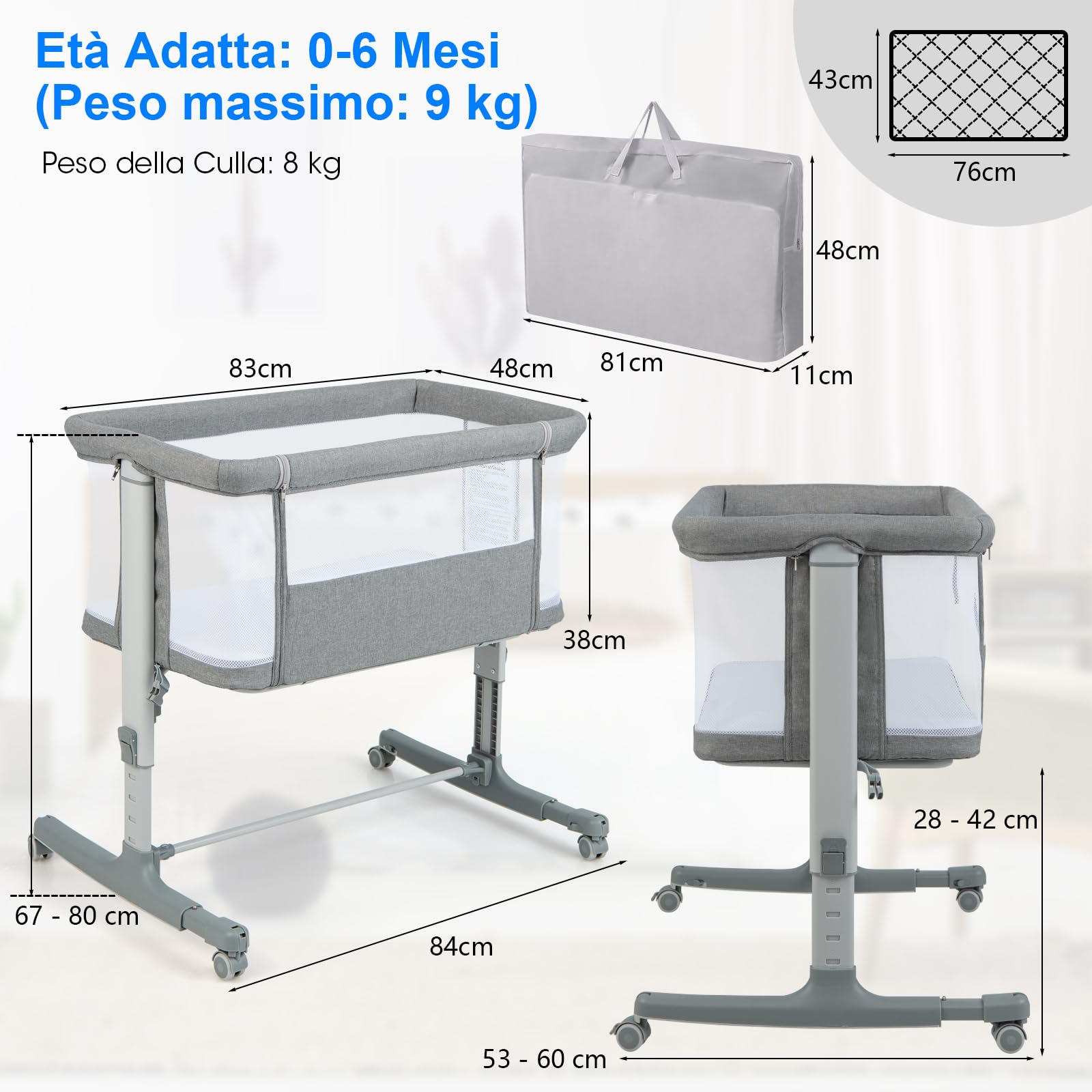 COSTWAY 3 in 1 Culla Neonato Fianco Letto, Lettino Neonato Dondolo con Materasso, Culla Co-Sleeping Fino a 9 kg, Altezza Regolabili, 84 x 59,5 x 80,5cm (Grigio)