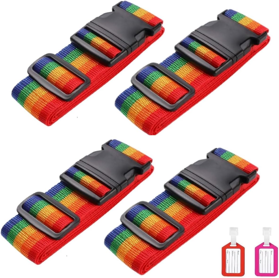 Flintronic 4 x Adjustable Luggage Straps with Buckle, Suitcase Suitcase Luggage Belt Safety Belt Travel Accessory Belt Suitcase Colourful Suitcase Belt (with 4 x Luggage Tags), #3 Rainbow, 32*23*2cm