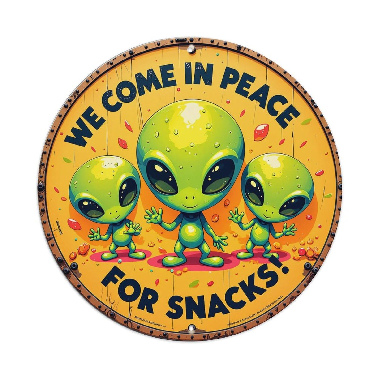 Alien Family Welcome Sign Retro Metal Sign Round Tin Sign, Vintage Decor Art Poster for Bar, Home, Man Cave, Kitchen, Laundry Room Gift 8x8Inch