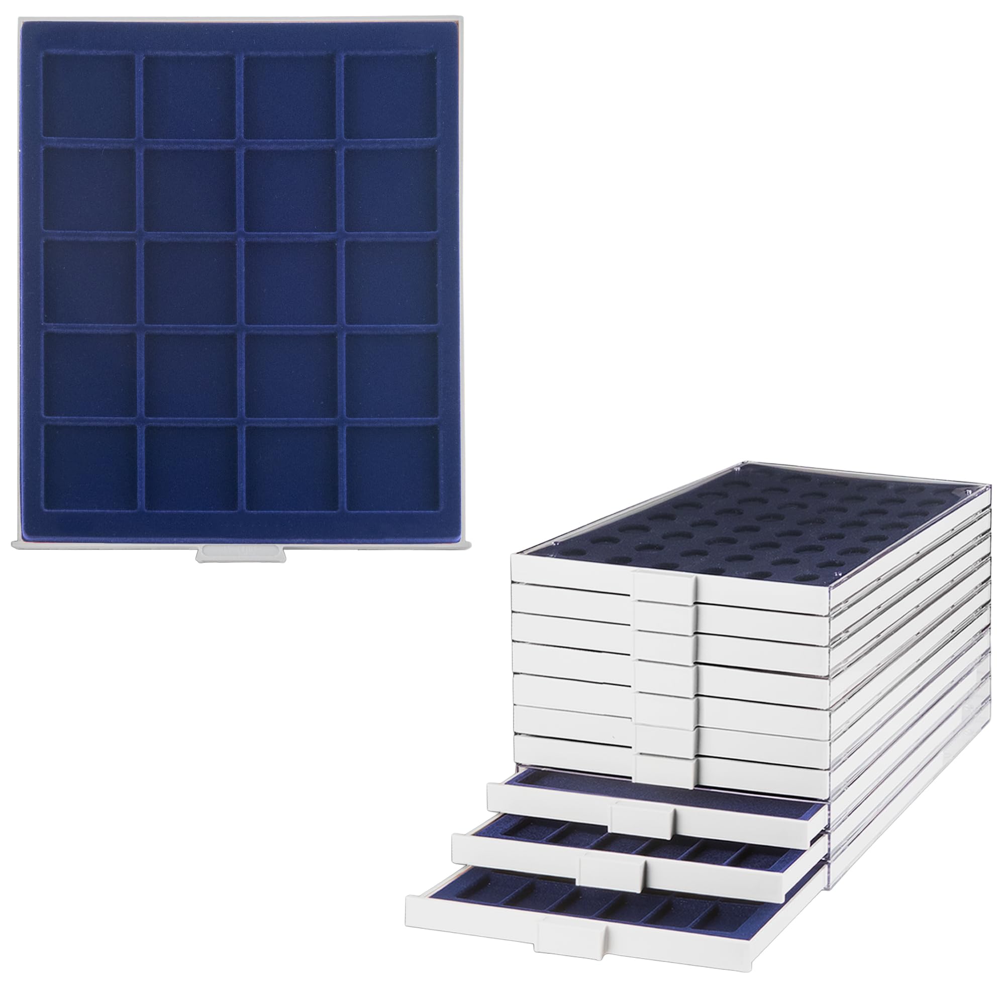 Prophila Caja de Monedas Gris 20 divisiones angulares para Monedas de hasta 47 mm, Inserto Azul