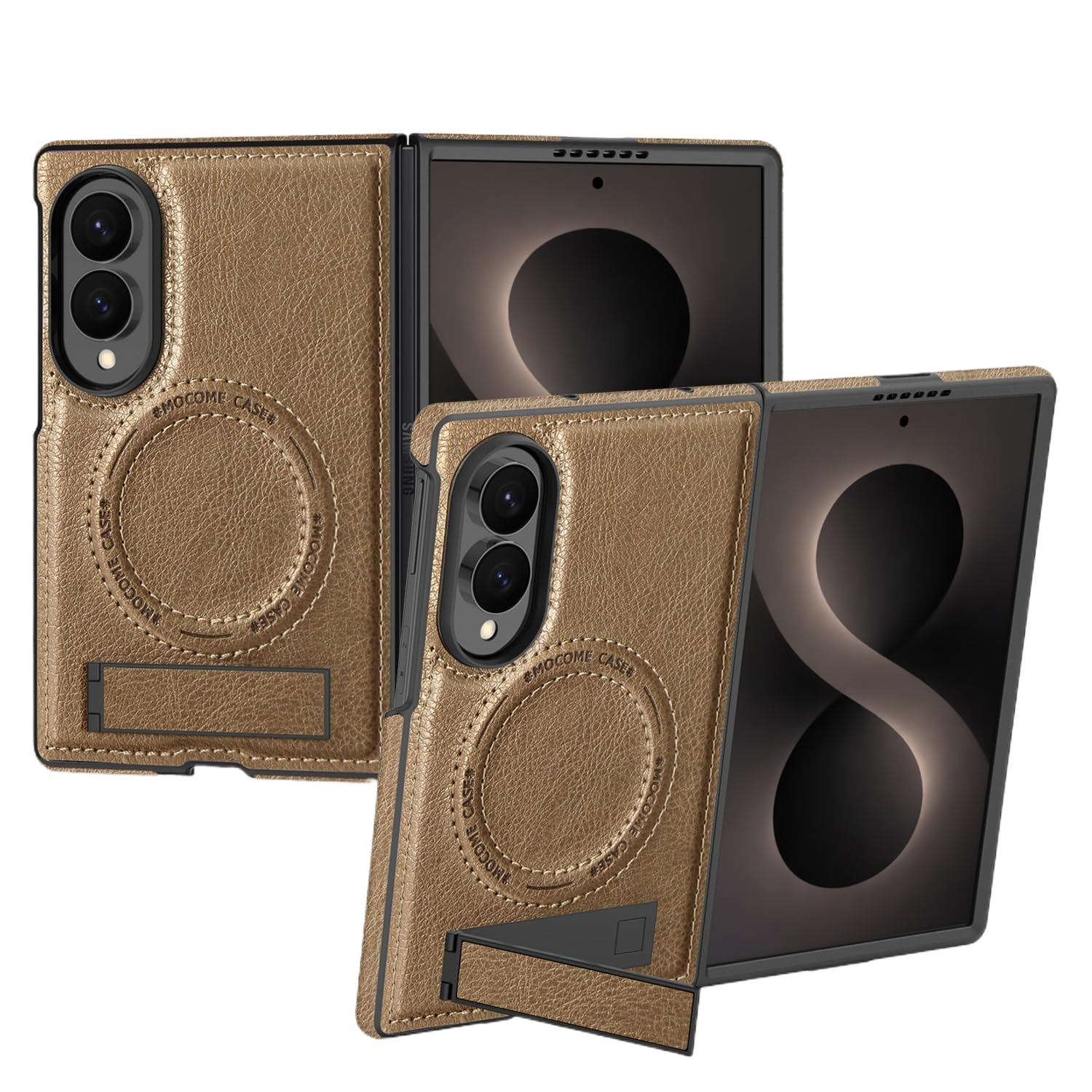 Funda para Samsung Galaxy Z Fold 8 con Soporte Integrado, Dorado | Soporte Ajustable hasta 60°, Anillo Magnético Integrado, Estructura de PC y TPU, Bordes Elevados, Acabado Exterior de PU