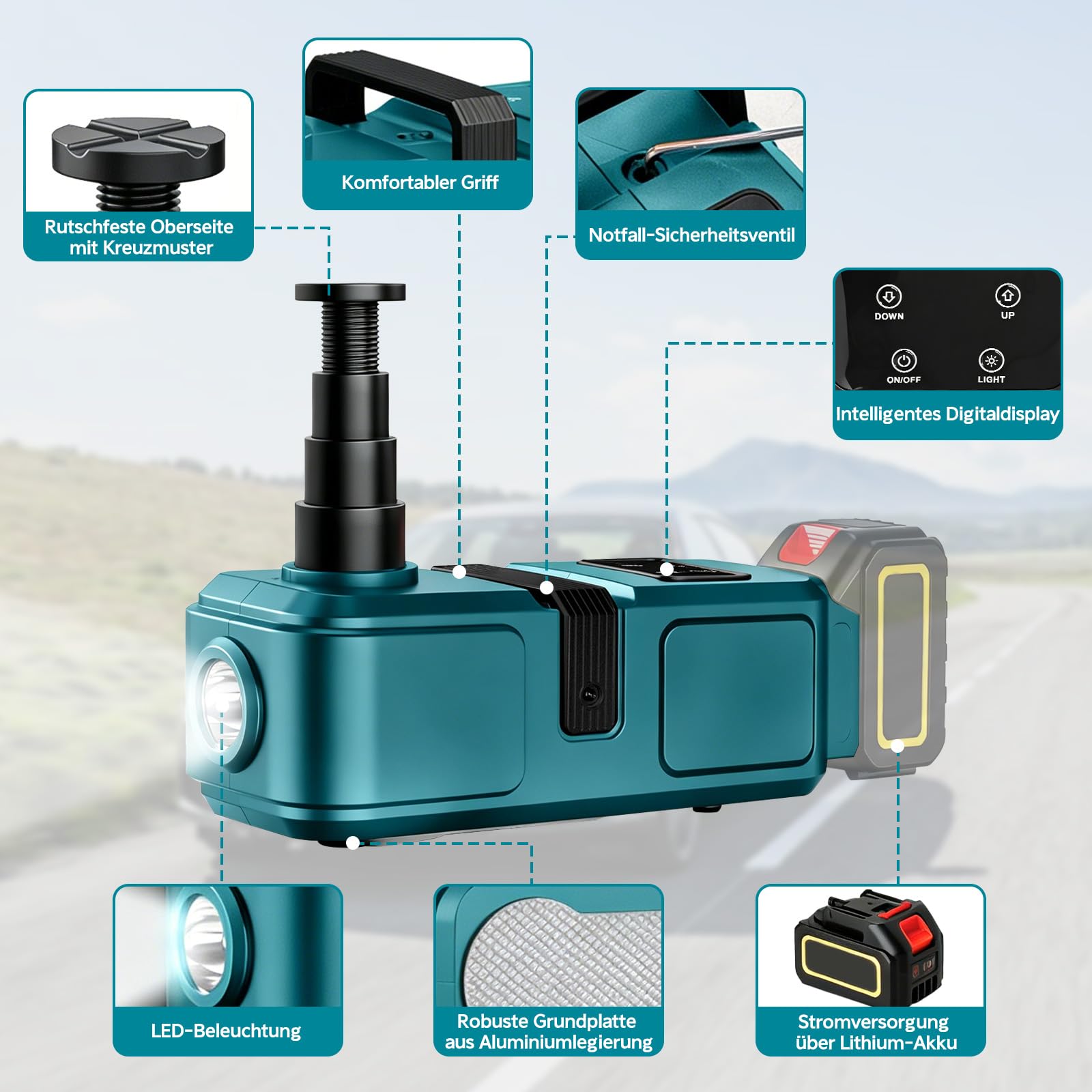 Elektrischer Wagenheber, 5T Akku Wagenheber Kompatibel mit Makita 18V-21V Kabelloses Tragbares Wagenheber mit Fernbedienung und LED-Beleuchtung für Auto SUV LKW, Hubhöhe 15,5–45 cm (Ohne Akku)