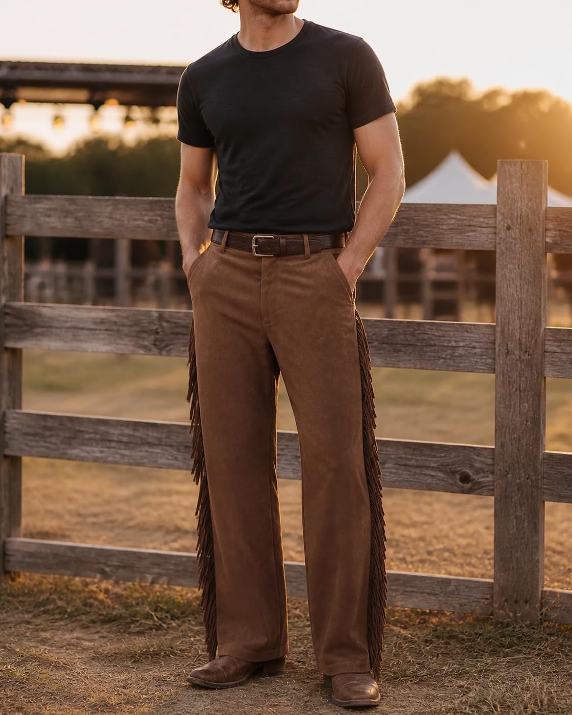 Men's Western Fringe Pants, Brown Wide Leg Retro Casual Cowboy Trousers