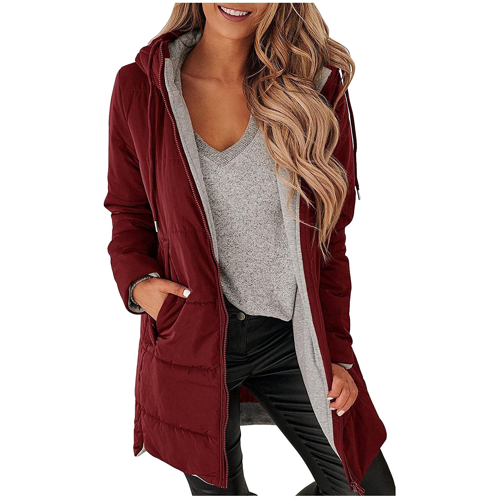 Abrigo acolchado largo para mujer, abrigo con capucha, abrigo de invierno, cálido, chaqueta con capucha con cremallera, bolsillos, chaqueta de invierno para mujer, chaqueta acolchada larga con