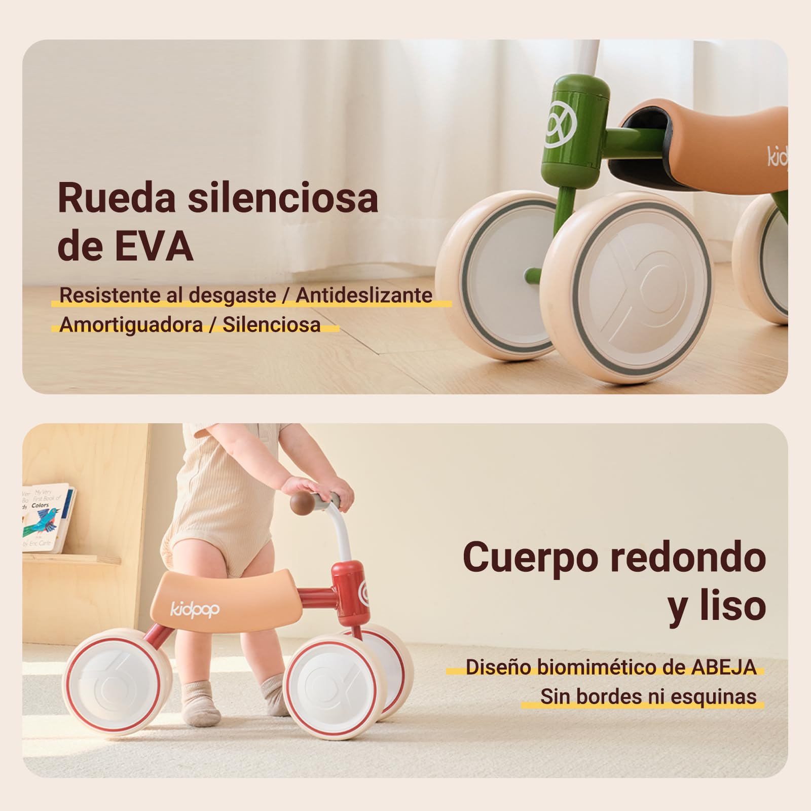 kidpop Big Bee Bicicleta sin Pedales, Bicicleta de Equilibrio, Juguete Bebés de 1 a 2 años, 4 Ruedas de EVA Balance Bike, Asiento Desmontable