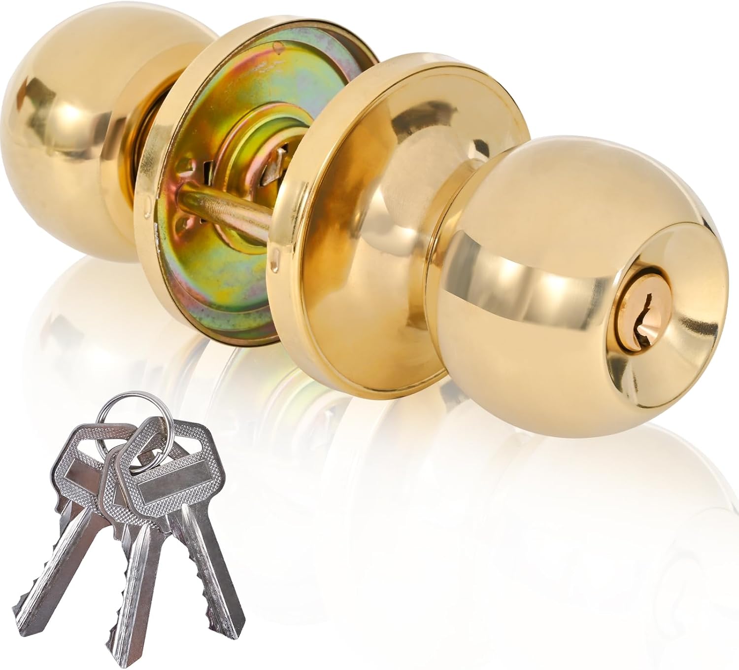 High-Security Stainless Steel Round Ball Door Handle - with Lock and Key, Suitable for Entrance, Front Door, and Bedroom(Gold)