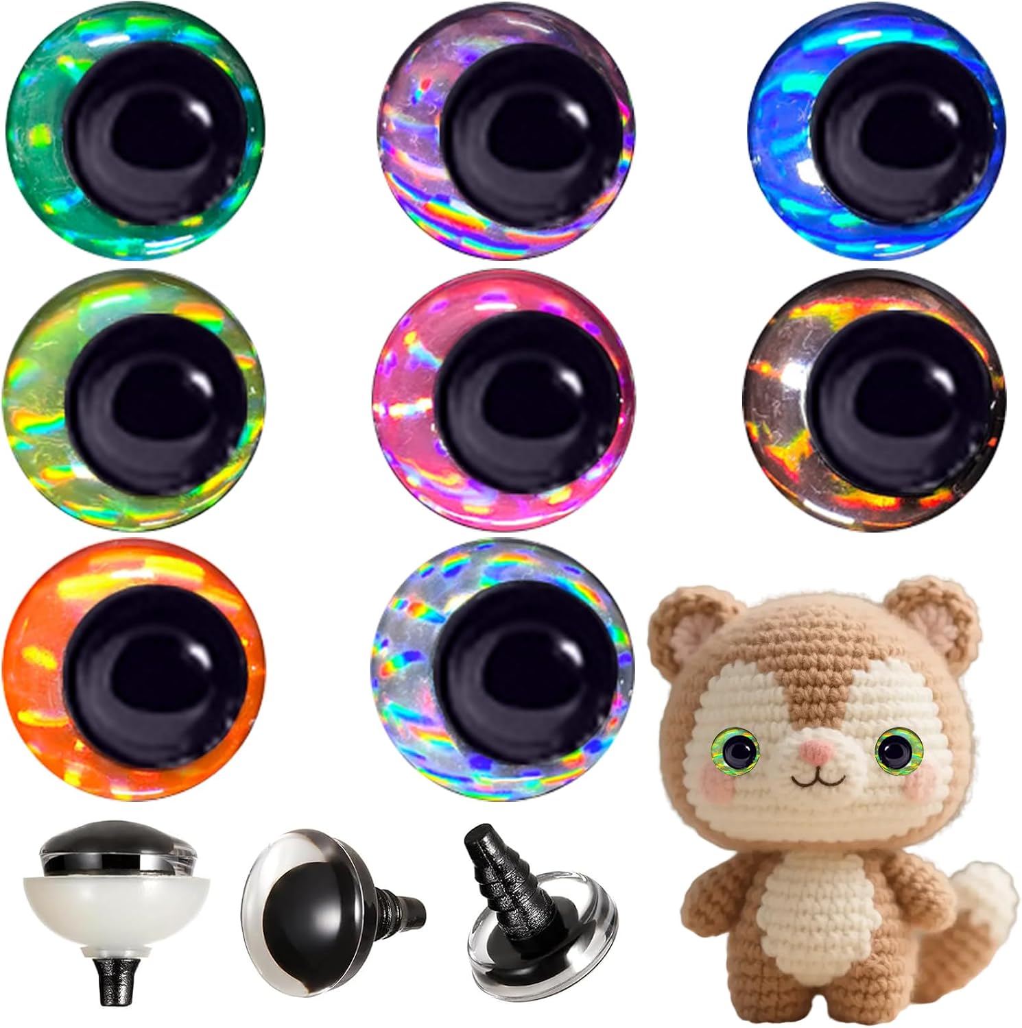 64 Pcs 30mm 3D Glitter Safety Eyes for Crocheting with Washers Moon Crochet Amigurumi Eyes Laser Crochet Safety Eyes for DIY of Puppet Bear Making Supplies