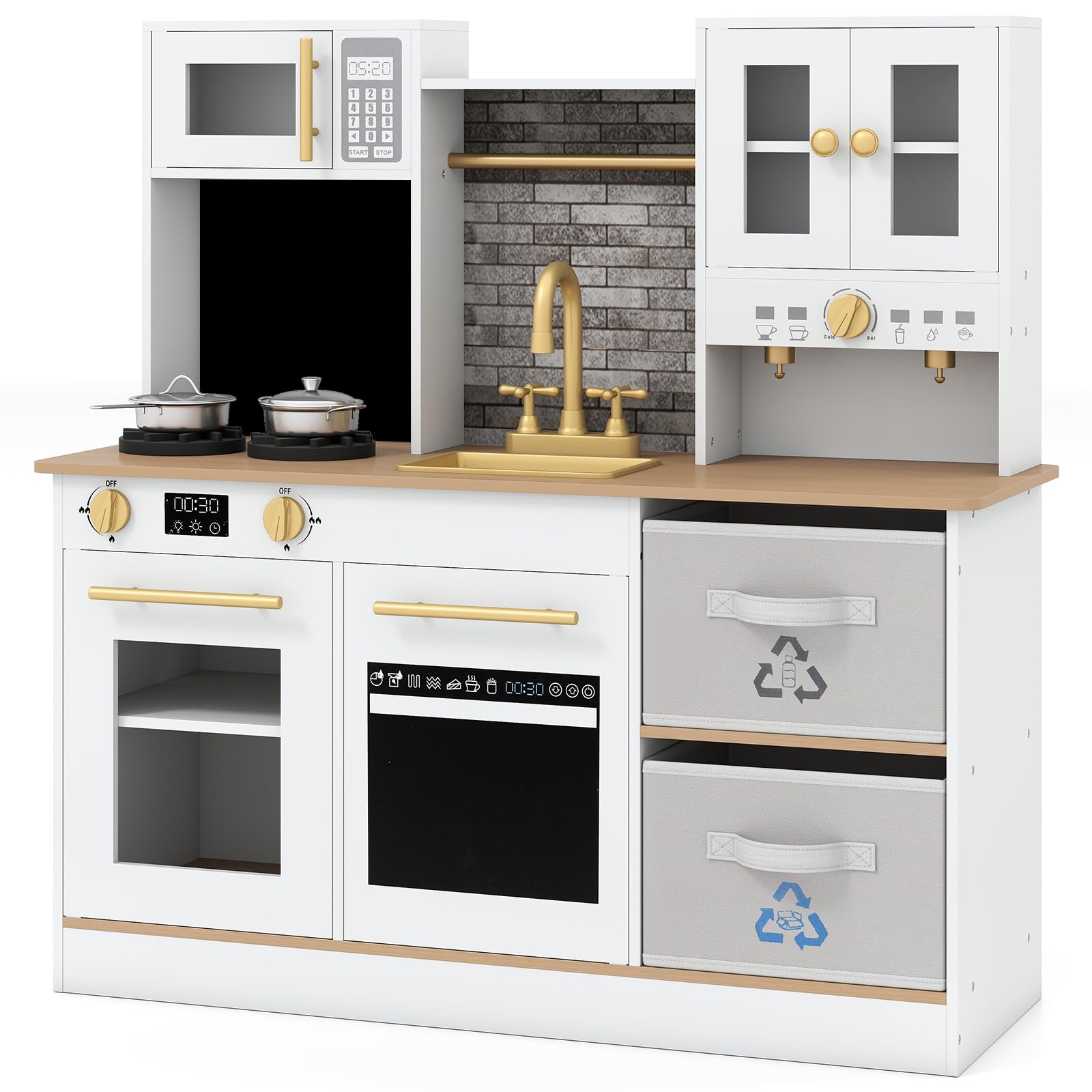 COSTWAY Kids Wooden Kitchen, Large Pretend Play Kitchen with Lights & Sounds, Microwave, Sink, Fabric Drawers, Utensils, Children Cooking Role Playset for Boys Girls (Natural+White)